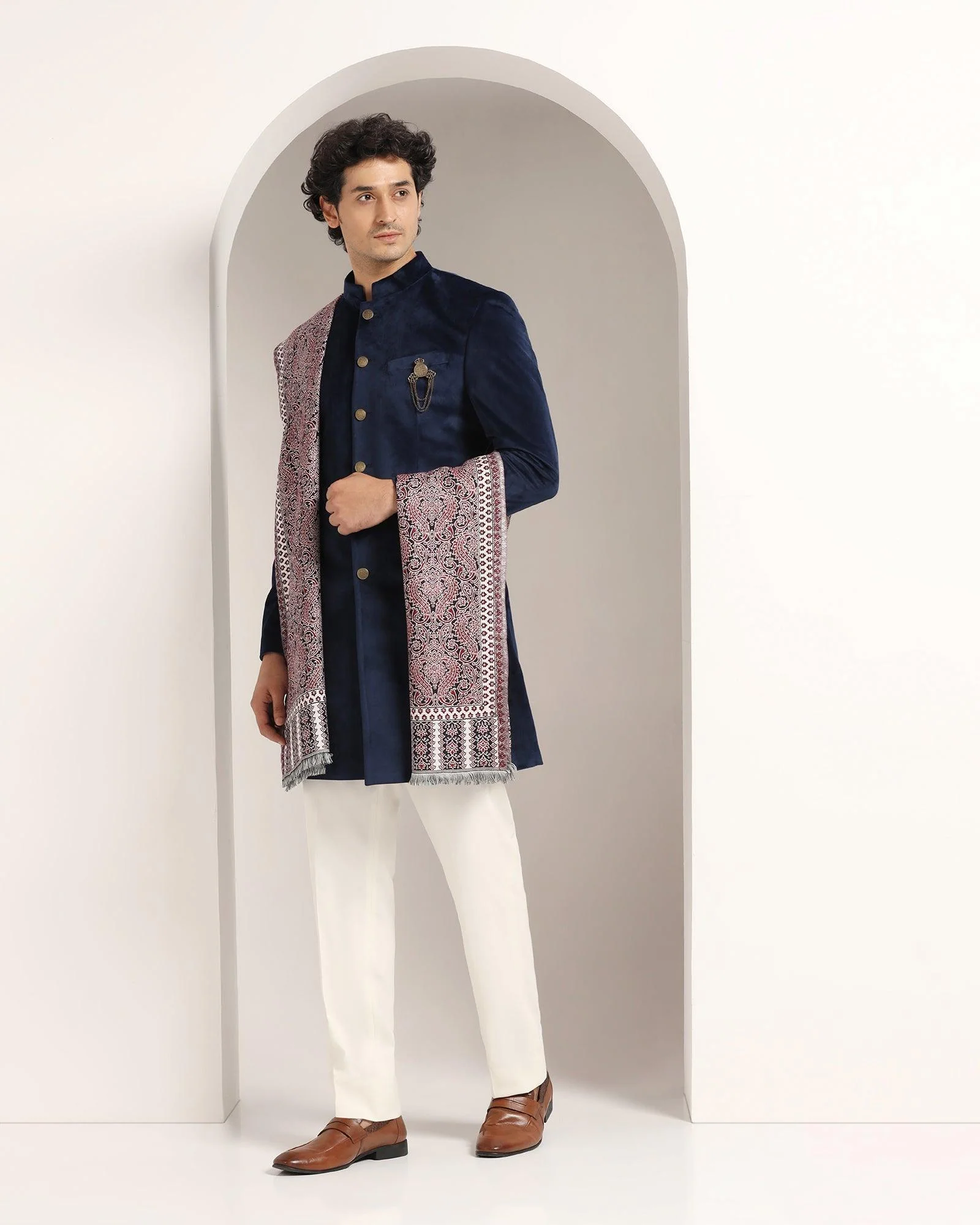 Navy Swarn Solid Achkan Set - Veltos - Image 3