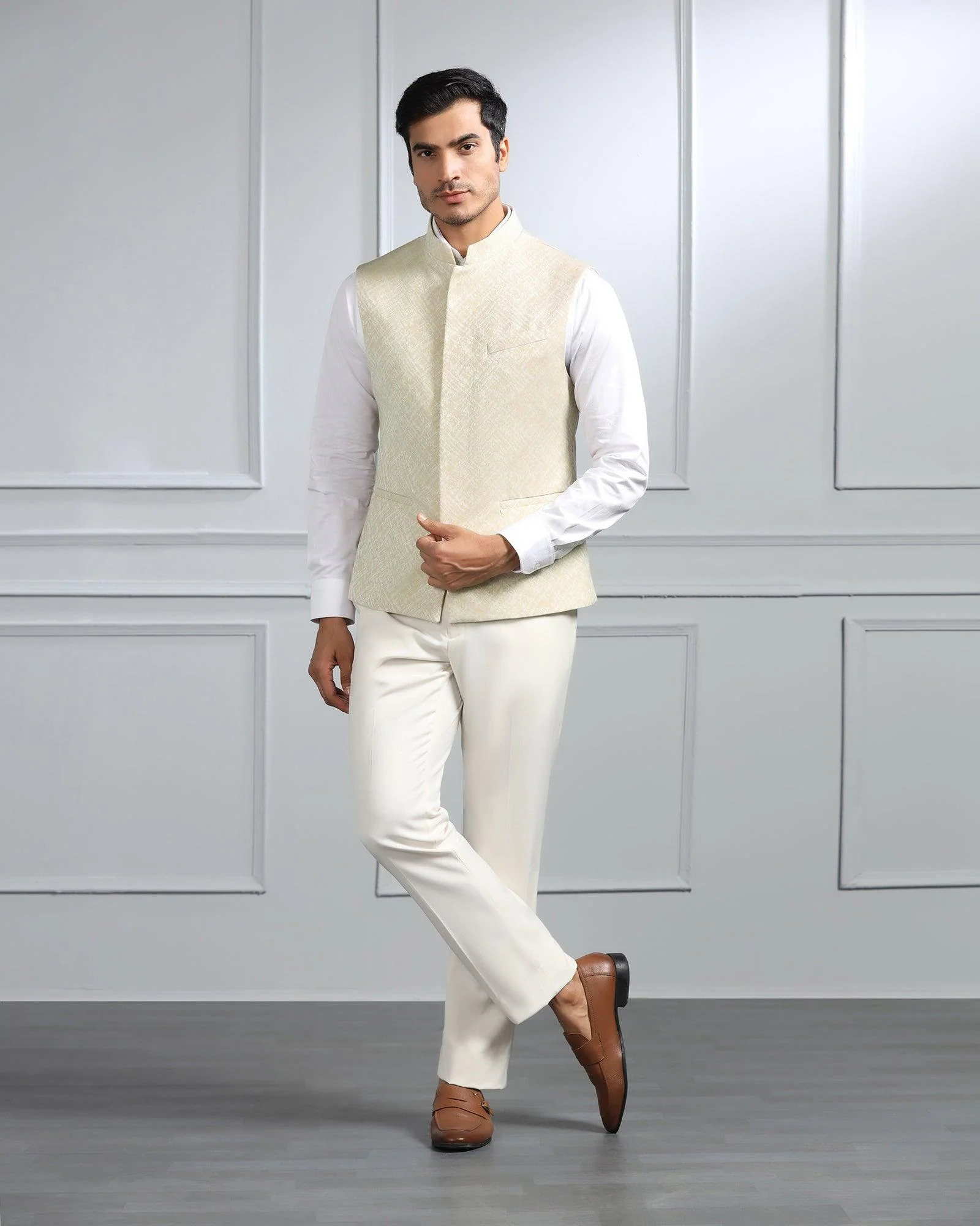 Beige Swarn Solid Achkan Set - Renera - Image 5