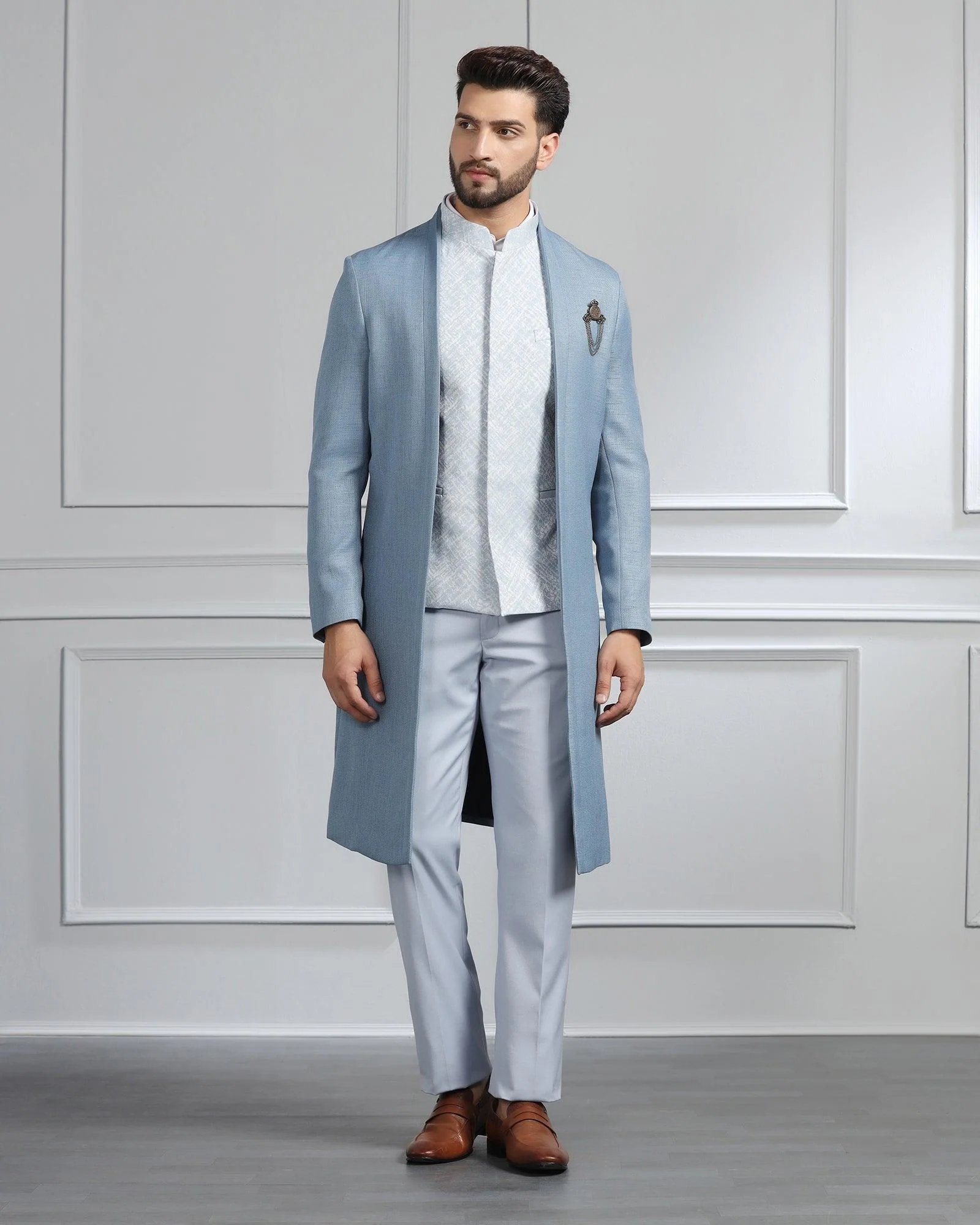 Blue Swarn Solid Achkan Set - Renera