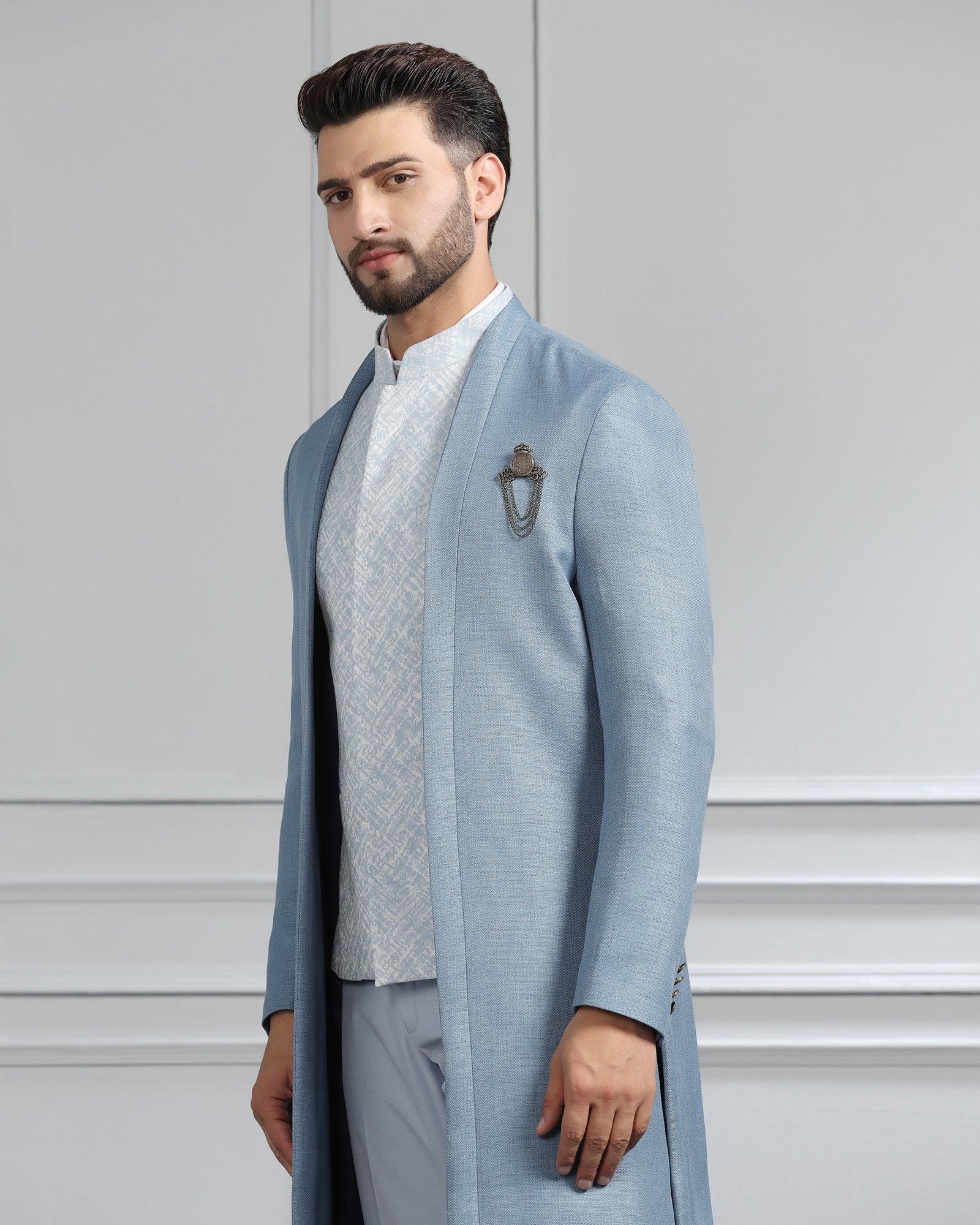 Blue Swarn Solid Achkan Set - Renera - Image 4