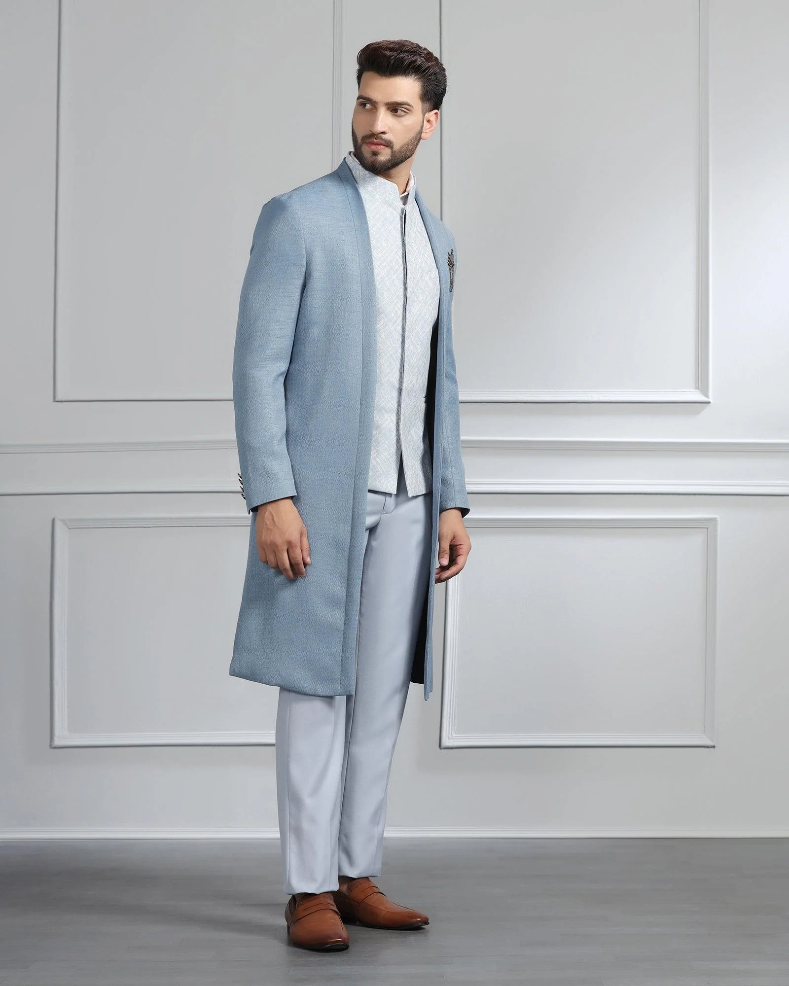 Blue Swarn Solid Achkan Set - Renera - Image 6