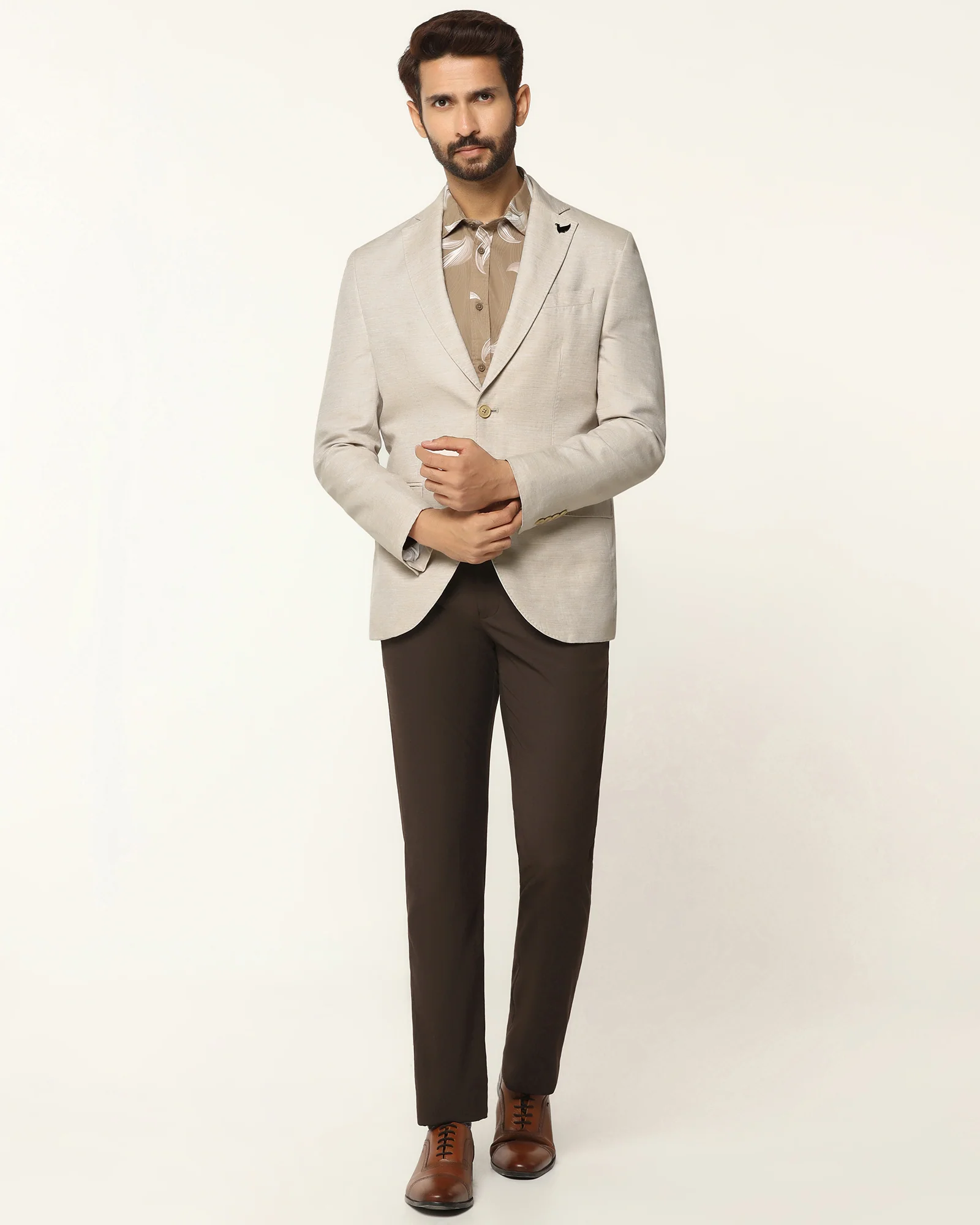 Formal Beige Solid Blazer - Gravity - Image 3