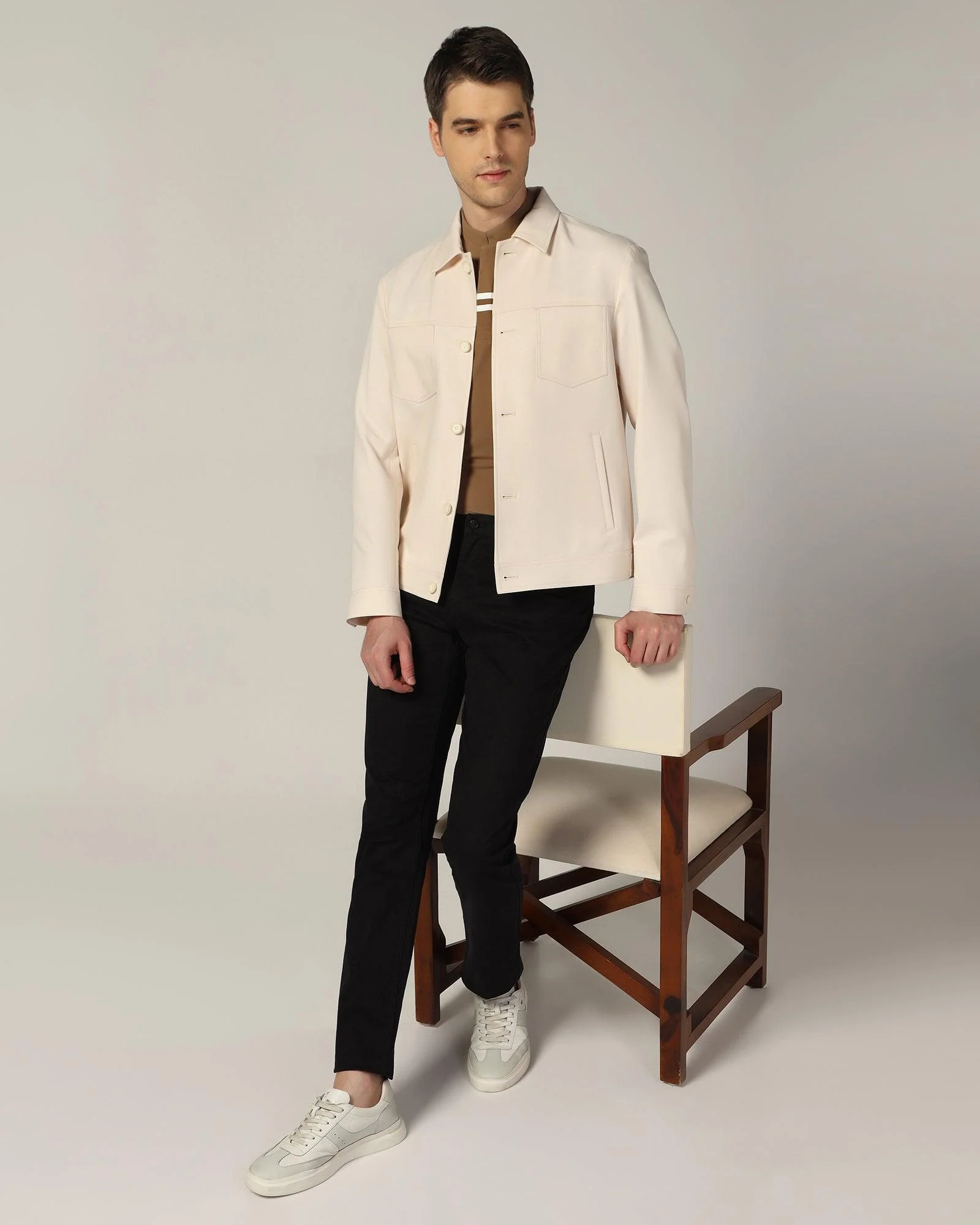 Formal Beige Solid Jacket - Garnet - Image 5