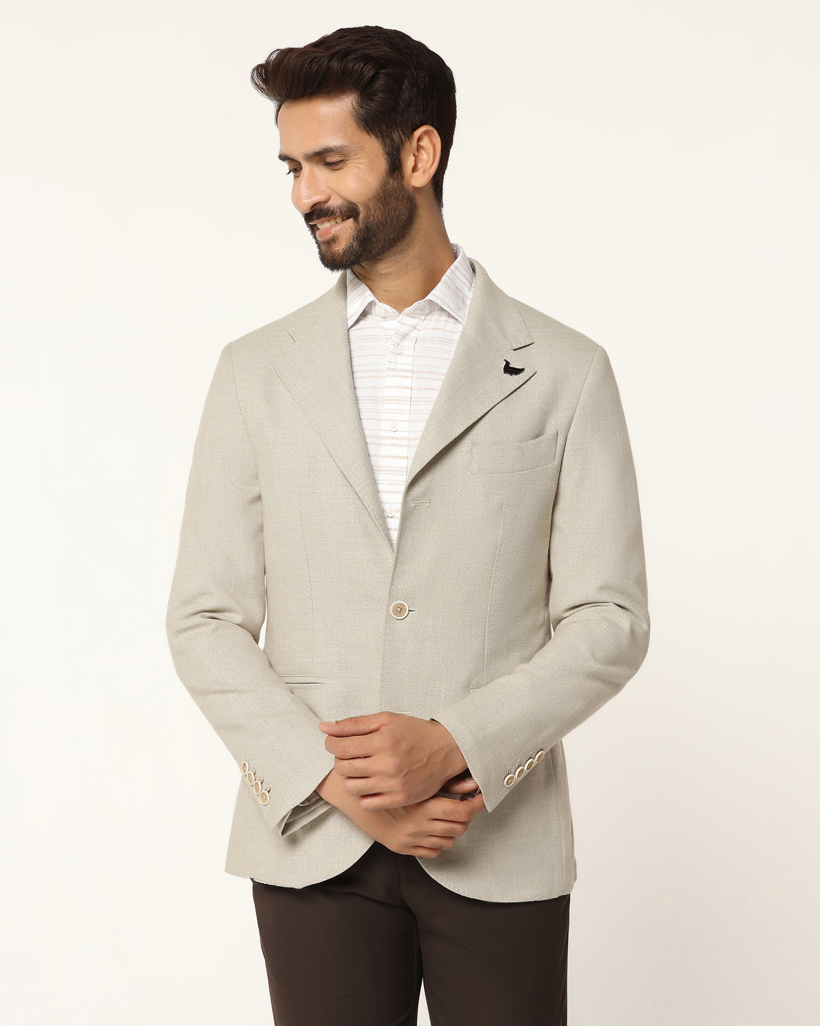 Formal Beige Textured Blazer - Blanc - Image 3