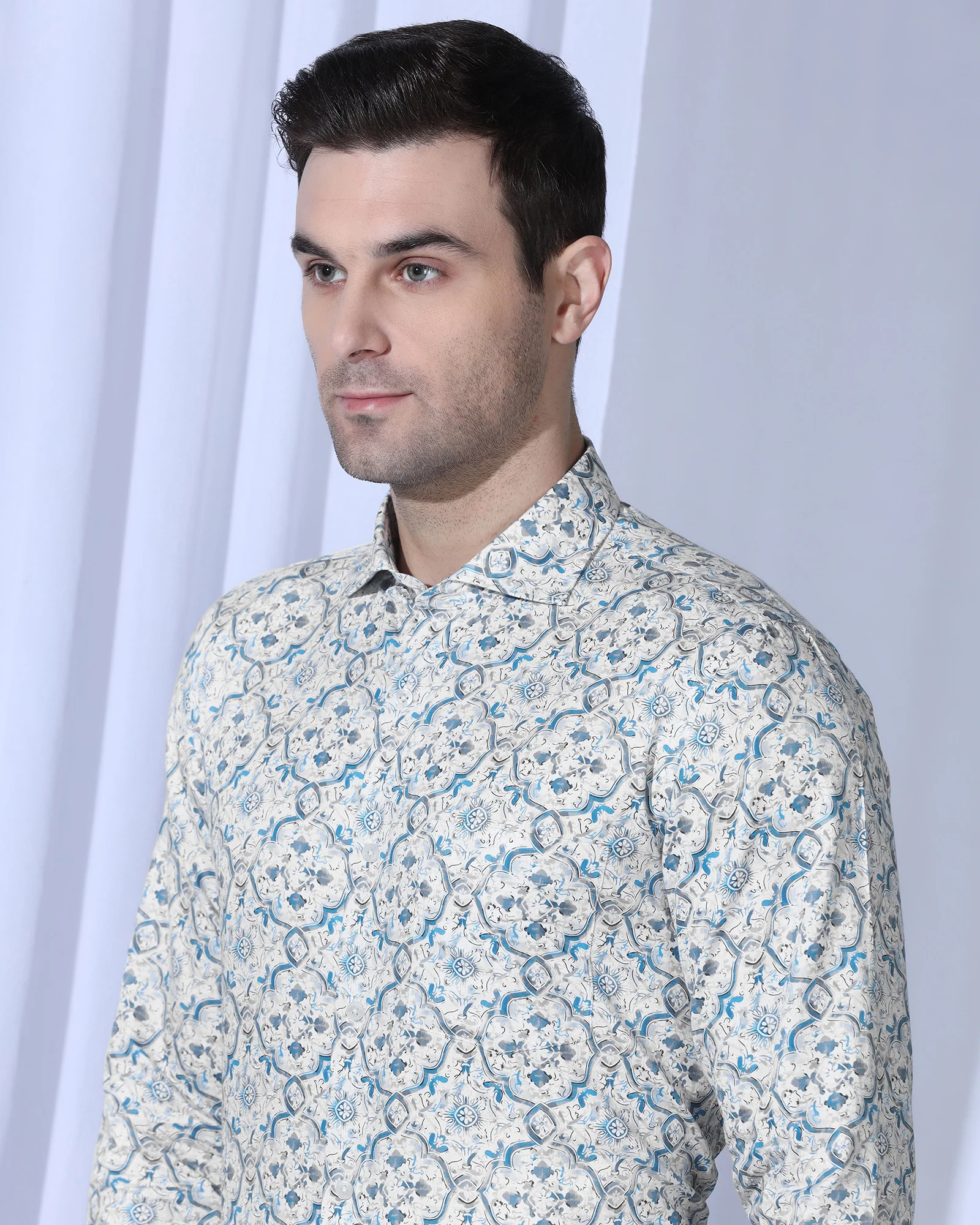 Formal Blue Printed Shirt - Shion - Image 4