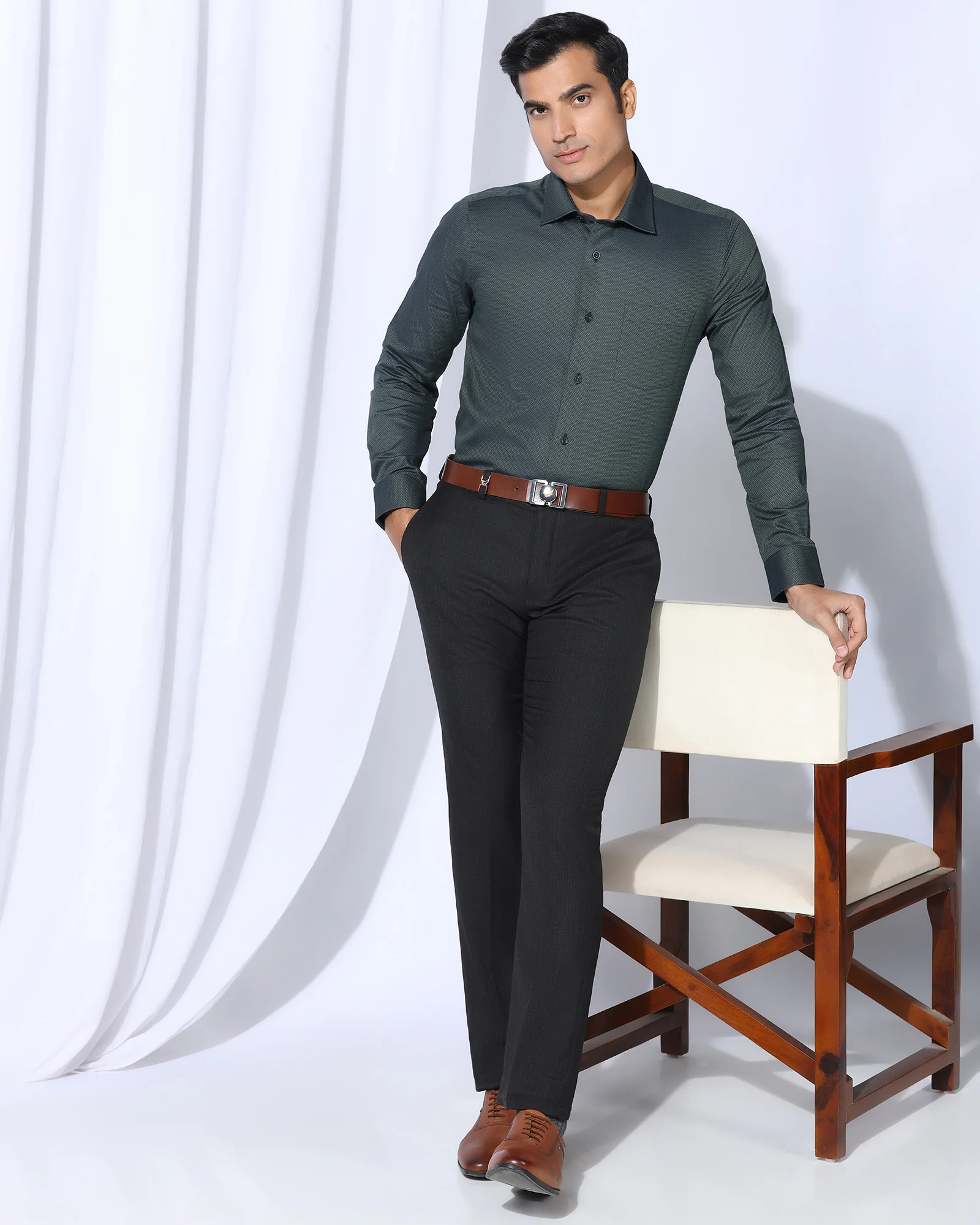 Formal Bottle Green Textured Shirt - Punch - Image 7
