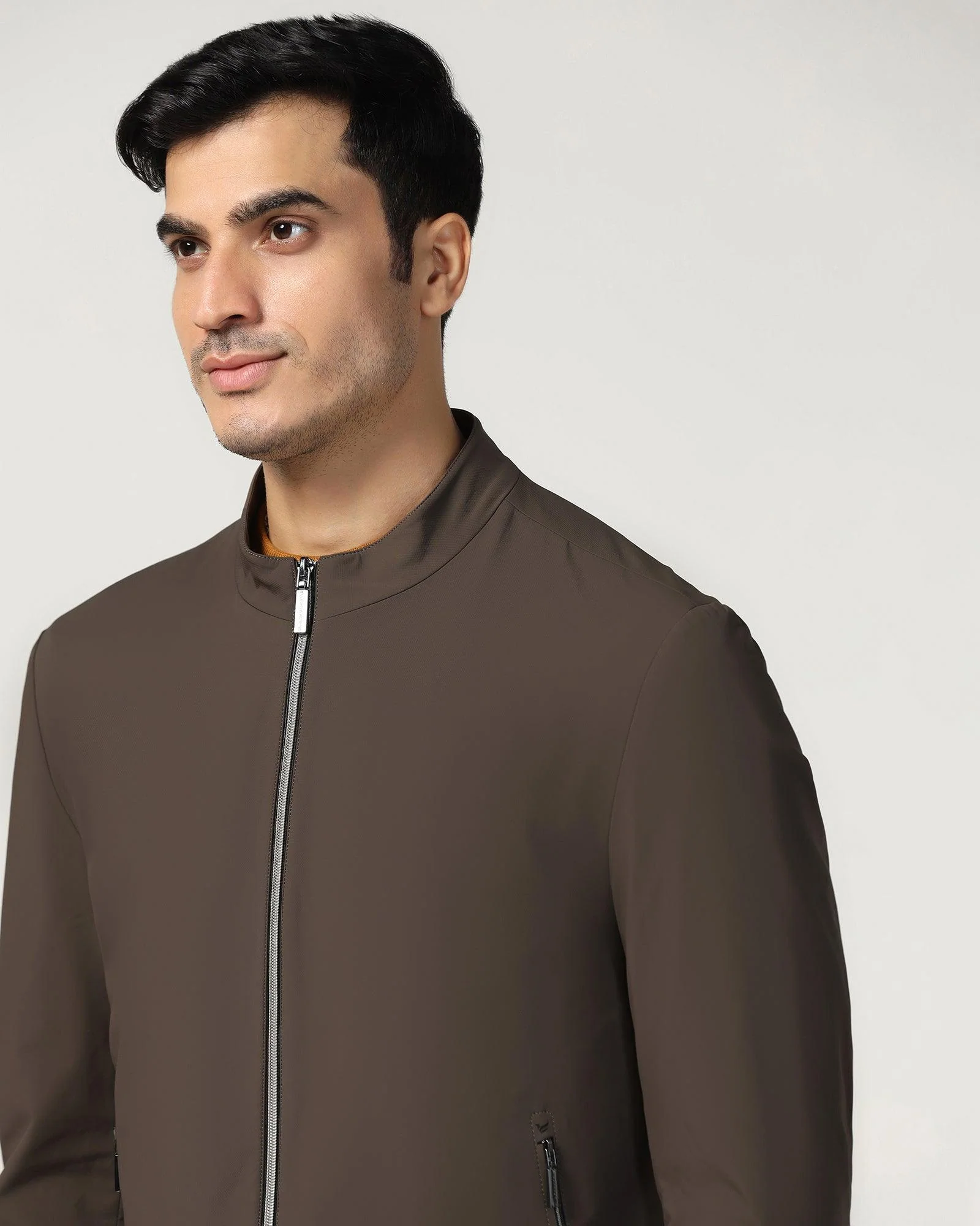 Formal Chocolate Brown Solid Zipper Jacket - Orion - Image 4