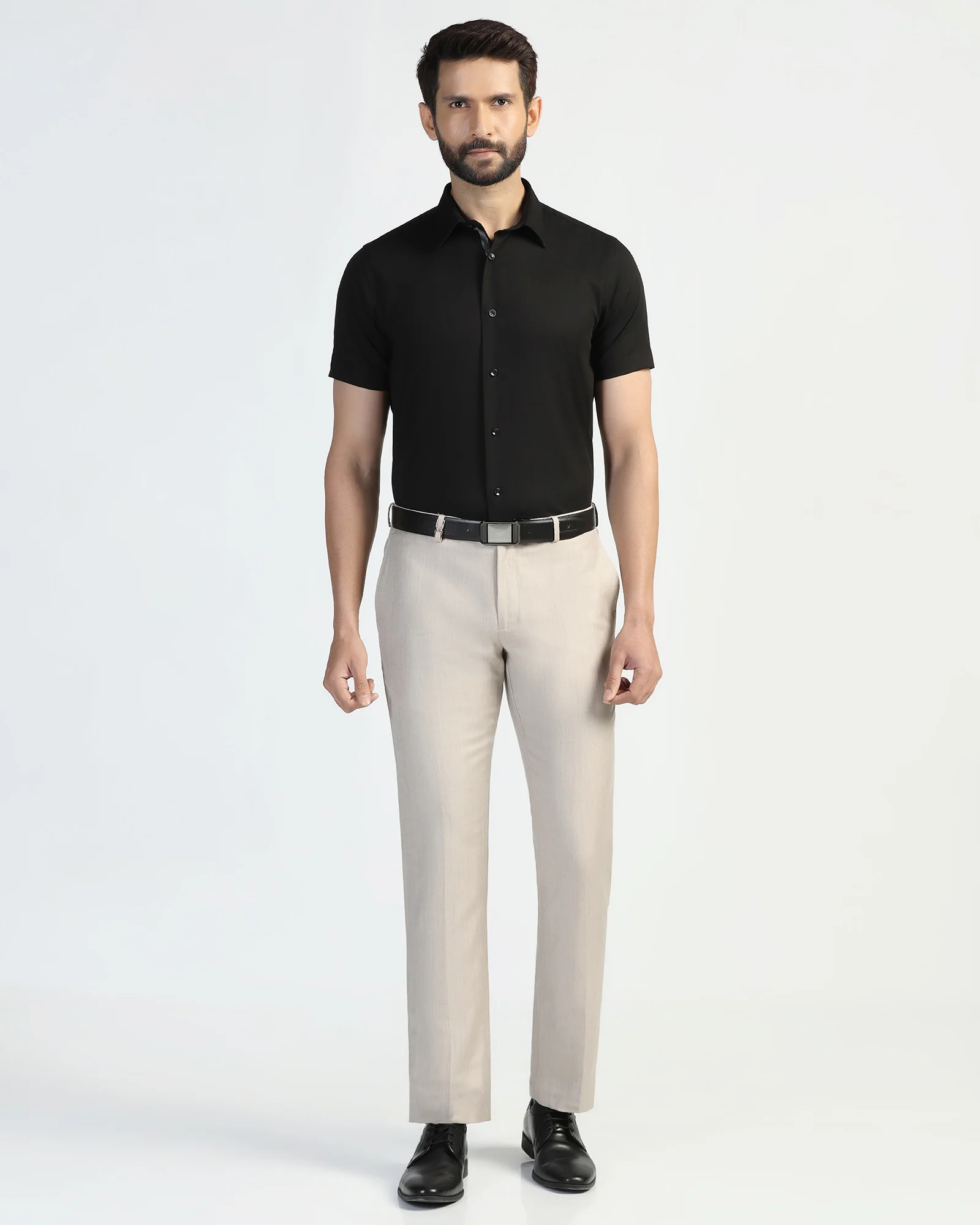 Formal Half Sleeve Black Textured Shirt - Noir - Image 3