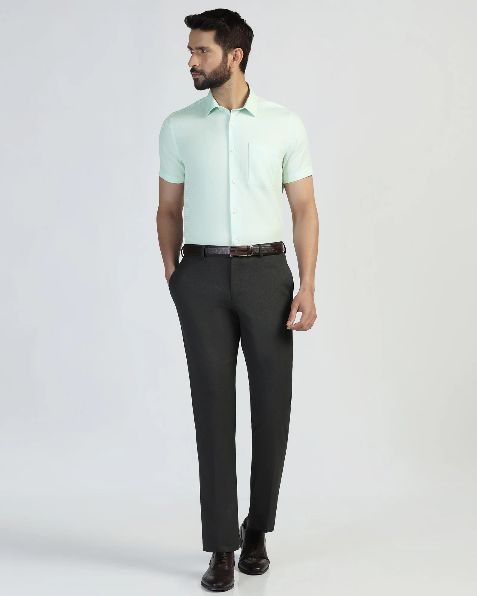 Formal Half Sleeve Green Textured Shirt - Pace - Image 3