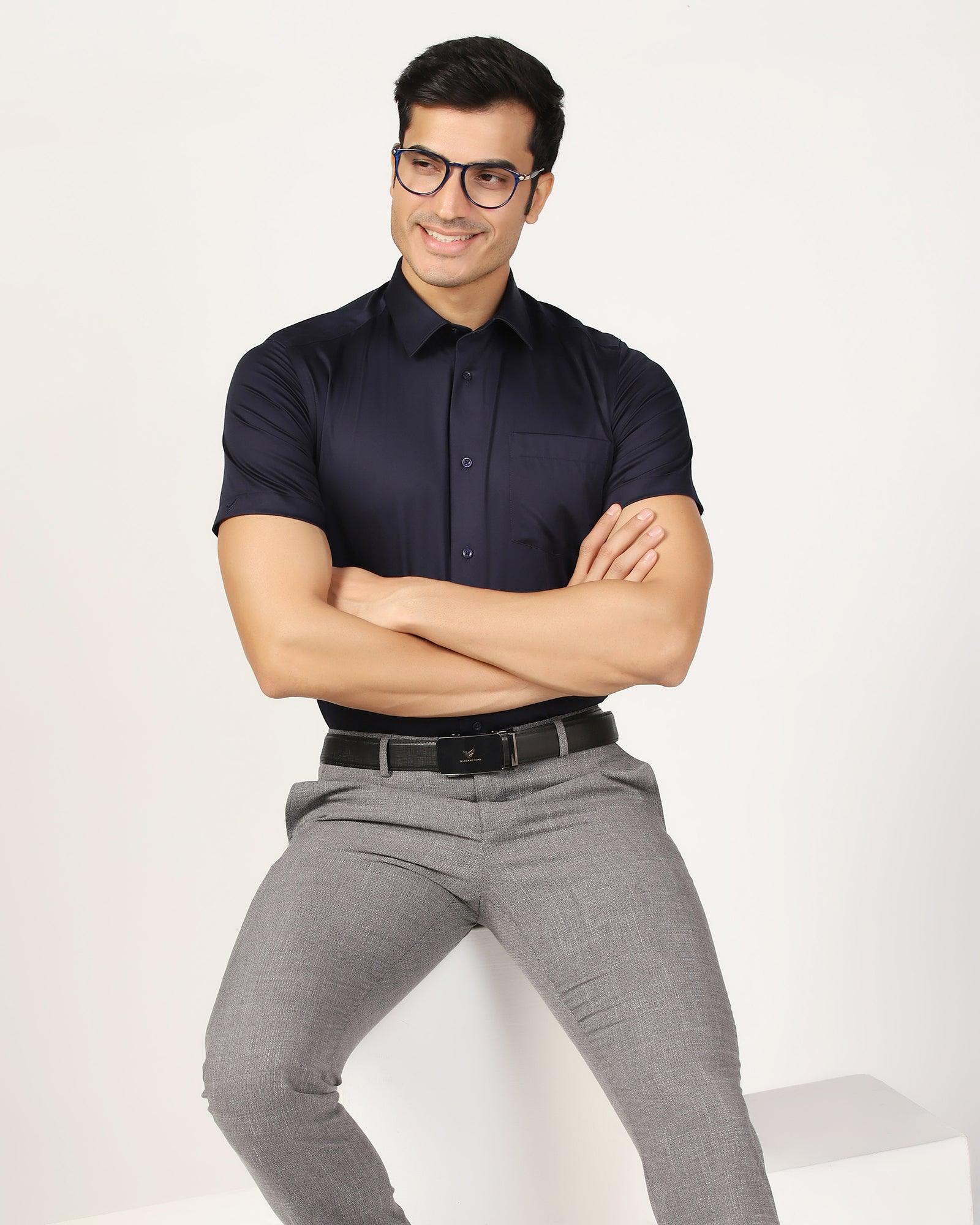 Non Iron Formal Half Sleeve Navy Solid Shirt - Matiz - Image 7