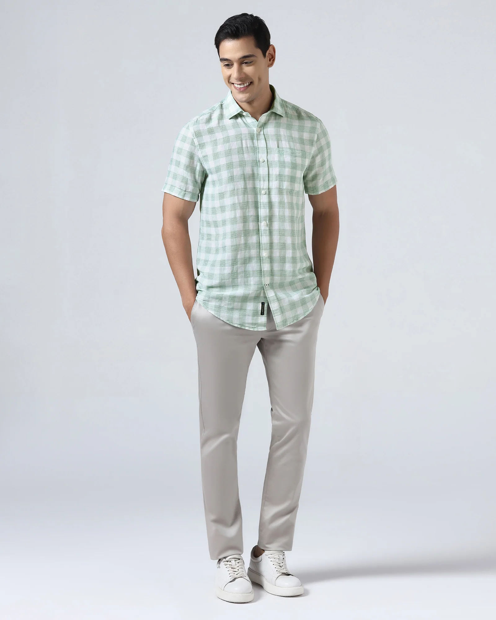 Green Half Sleeve Linen Check Shirt - Yudi - Image 3