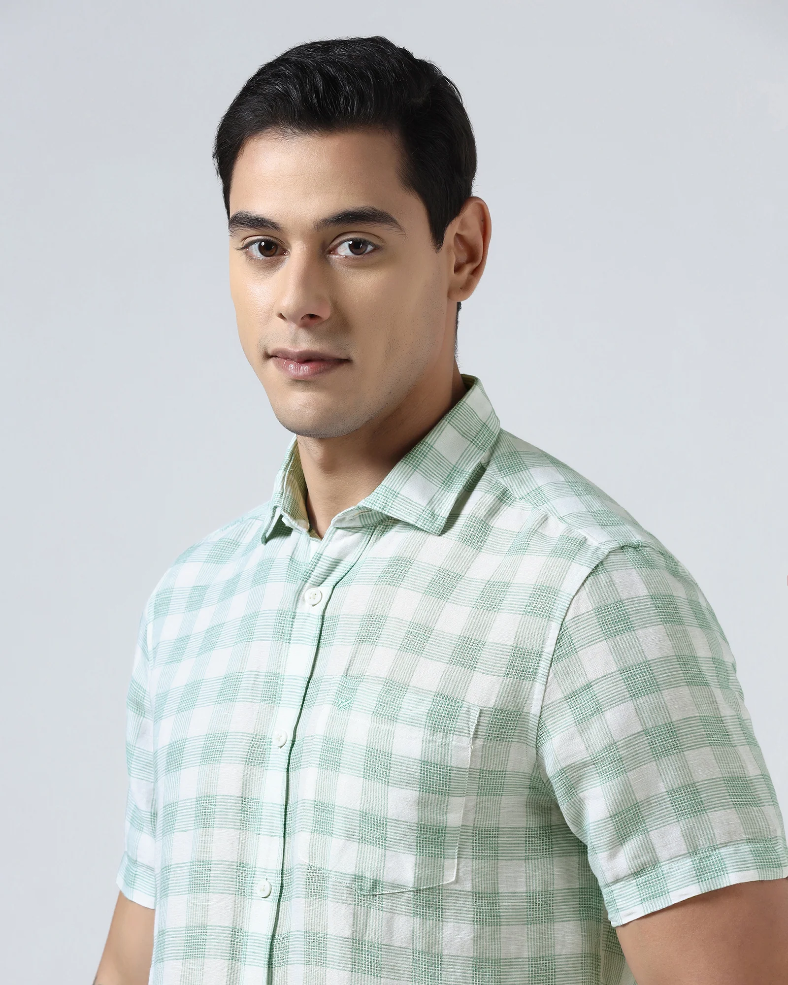 Green Half Sleeve Linen Check Shirt - Yudi - Image 4