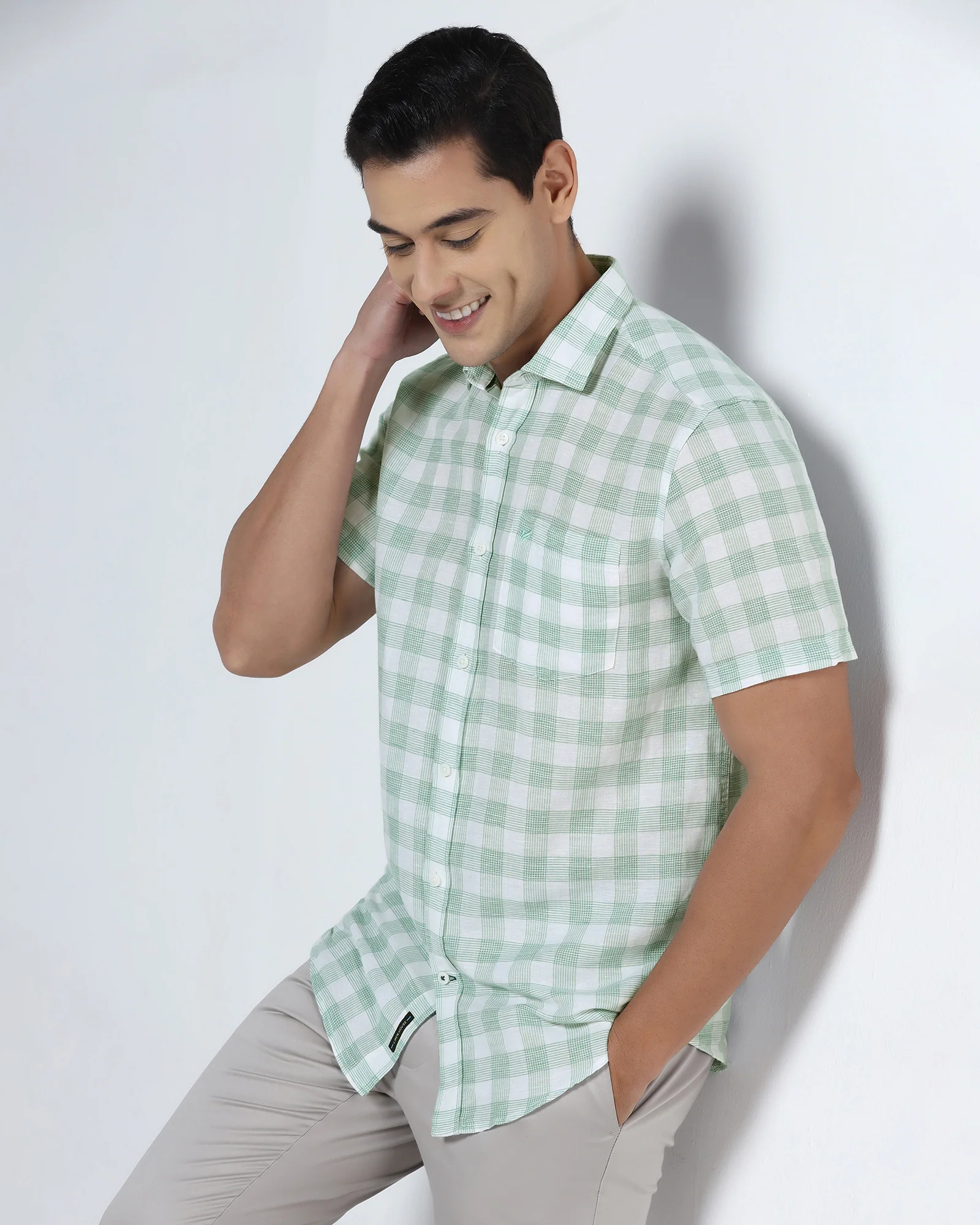 Green Half Sleeve Linen Check Shirt - Yudi - Image 7
