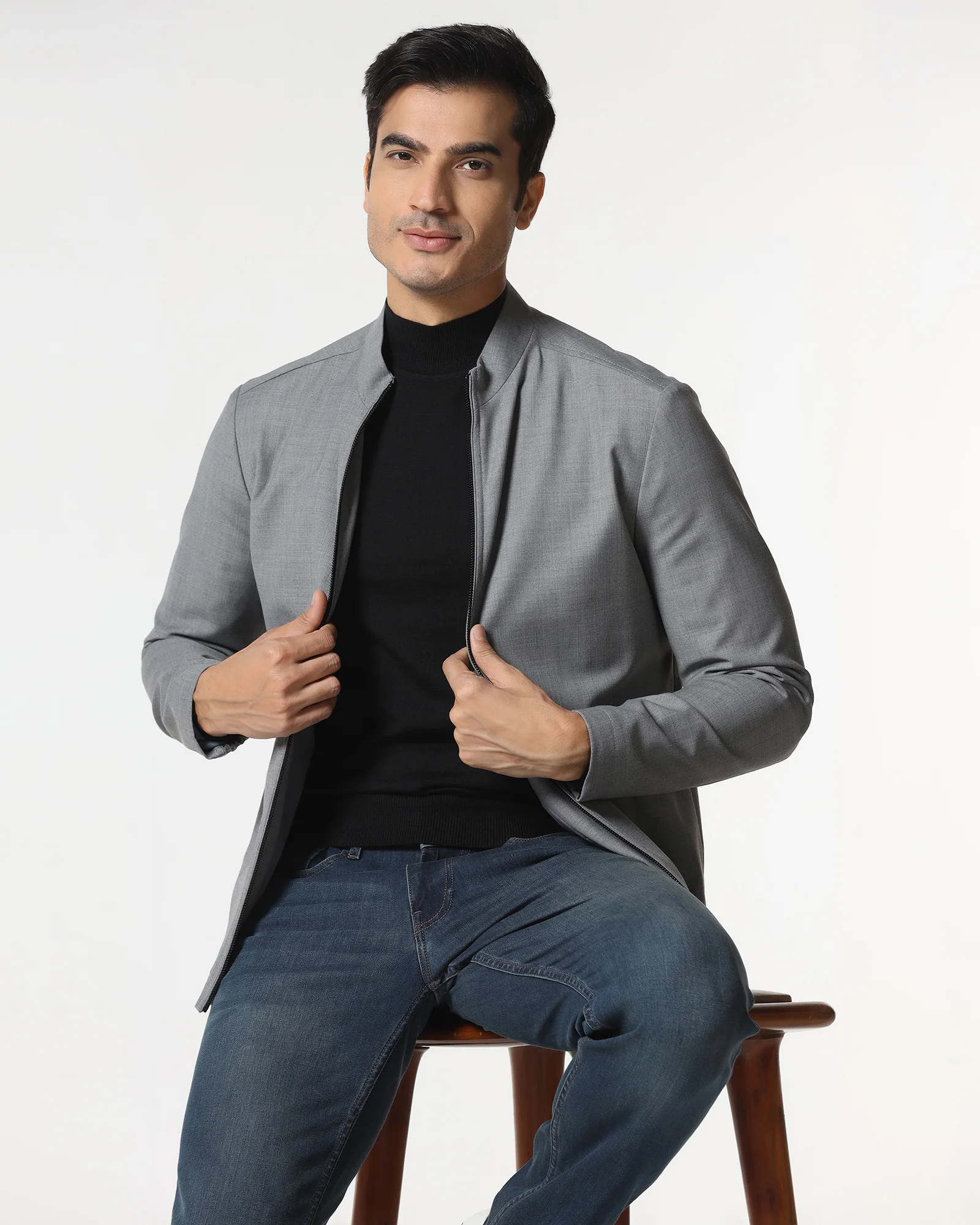 Grey Solid Zipper Jacket - Zeno