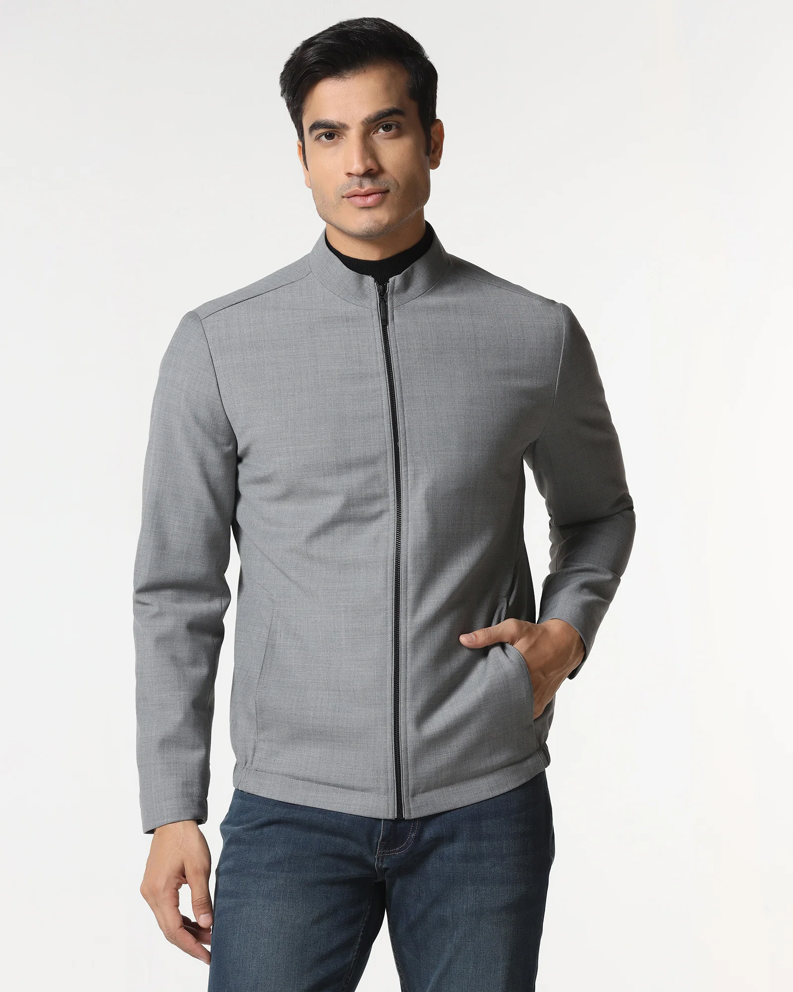 Grey Solid Zipper Jacket - Zeno - Image 6