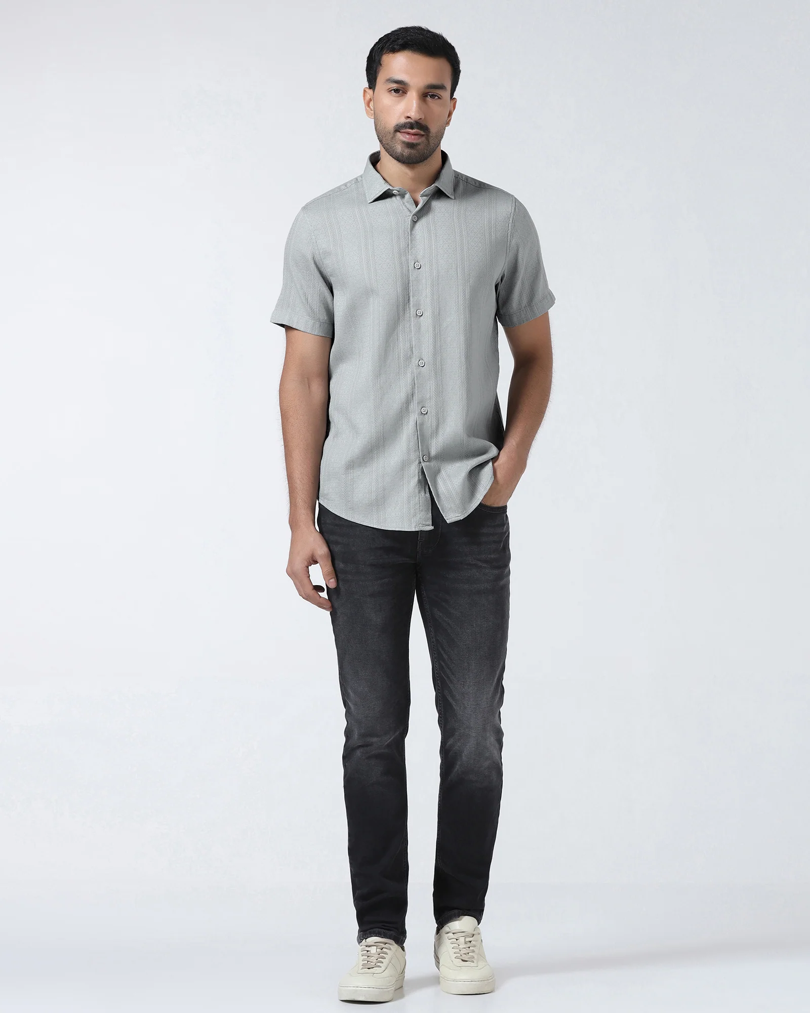 Grey Half Sleeve Textured Shirt - Lambo - Image 3
