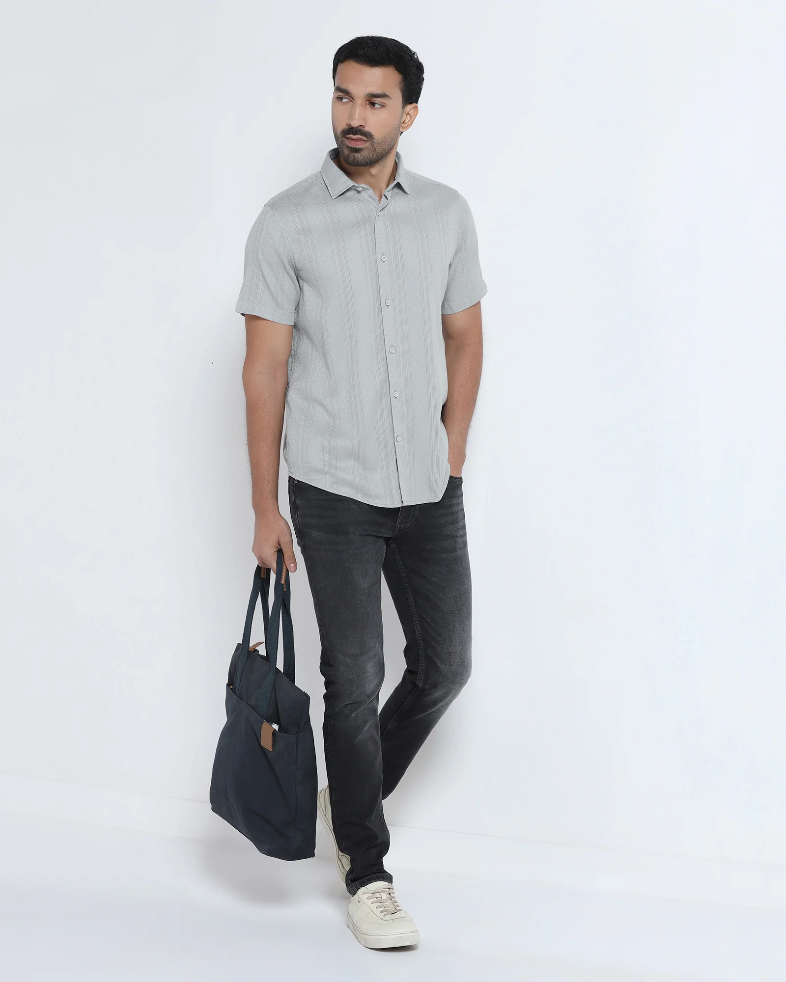 Grey Half Sleeve Textured Shirt - Lambo - Image 7