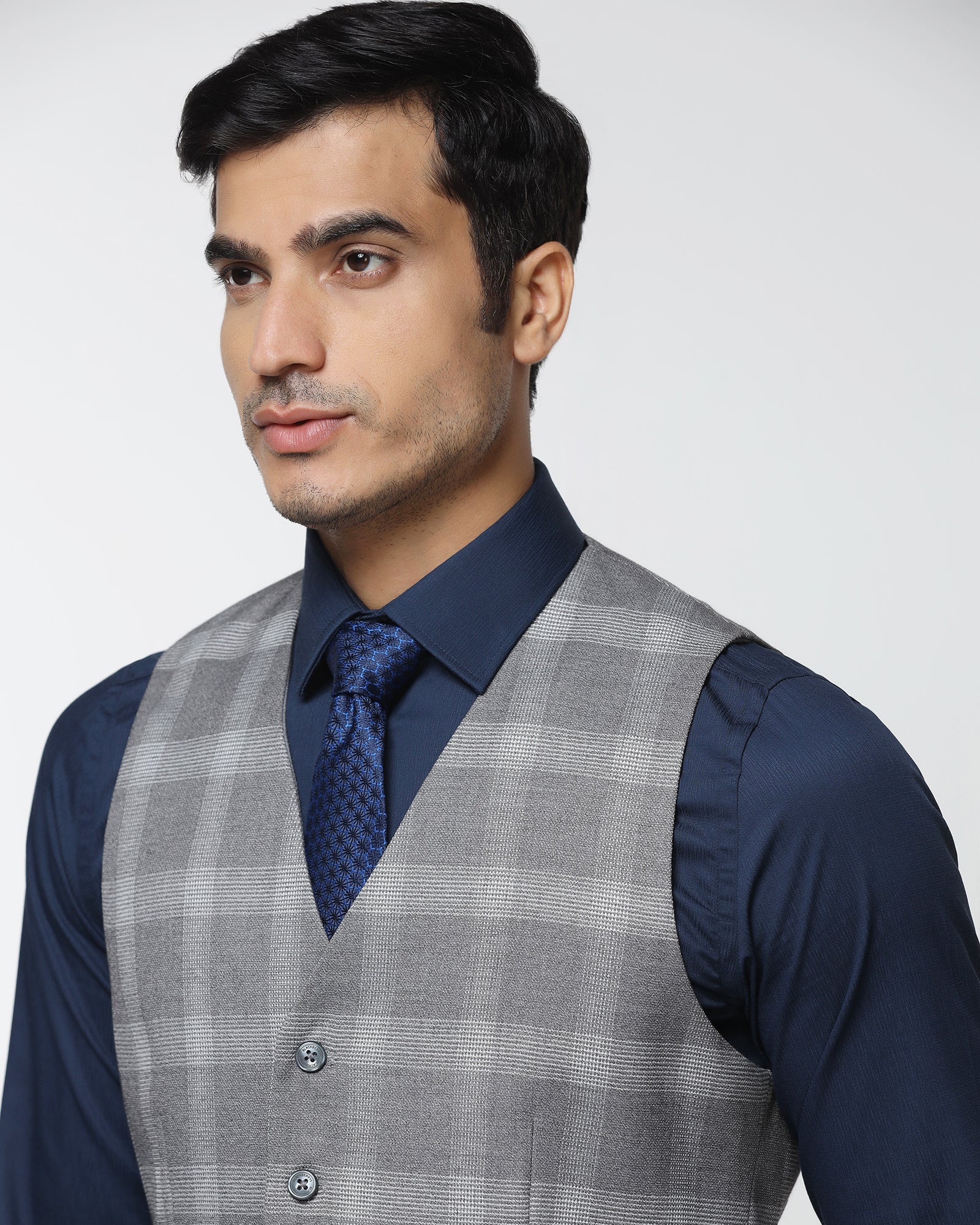 Grey V-Neck Check Waistcoat - Cabbot - Image 4