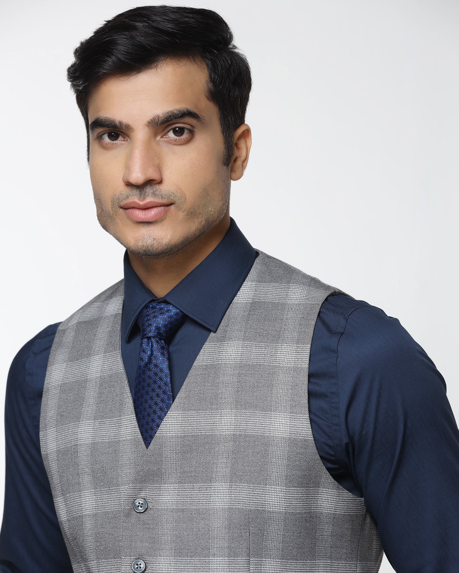 Grey V-Neck Check Waistcoat - Cabbot - Image 5