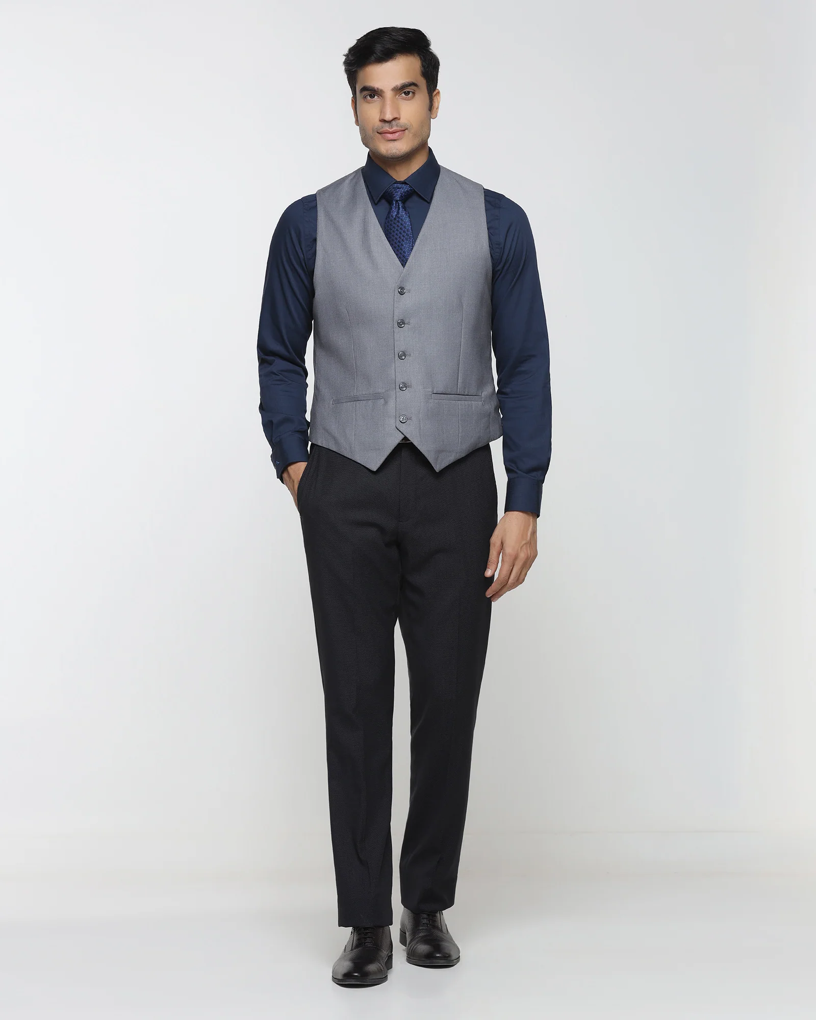 Grey V-Neck Check Waistcoat - Cabbot - Image 7