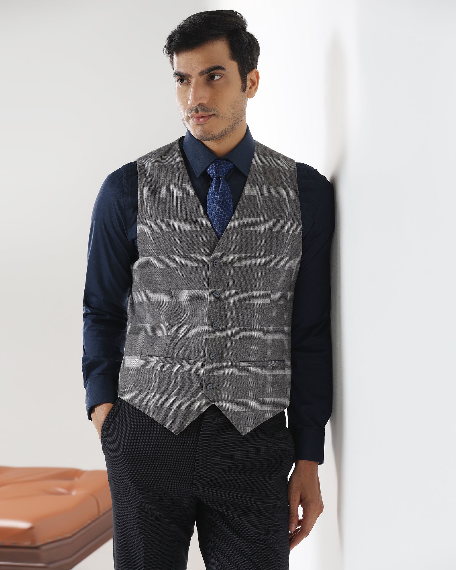Grey V-Neck Check Waistcoat - Cabbot - Image 8