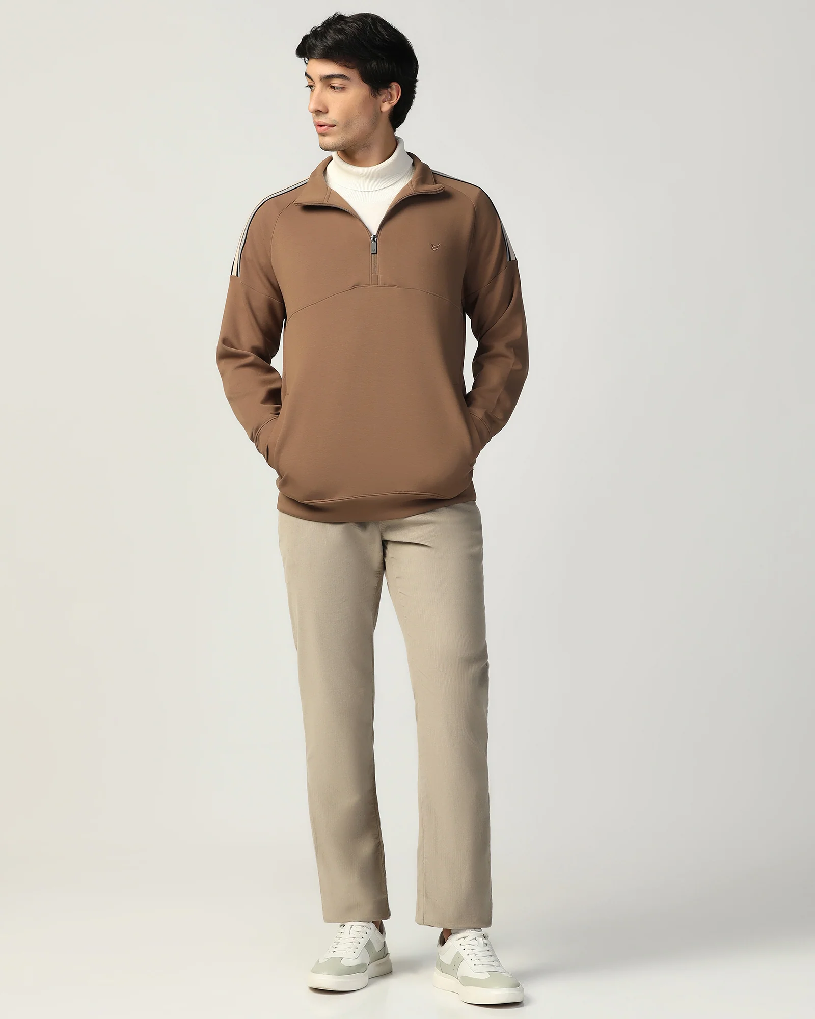 Half Zipper Brown & Tan Solid Sweatshirt - Eno - Image 3