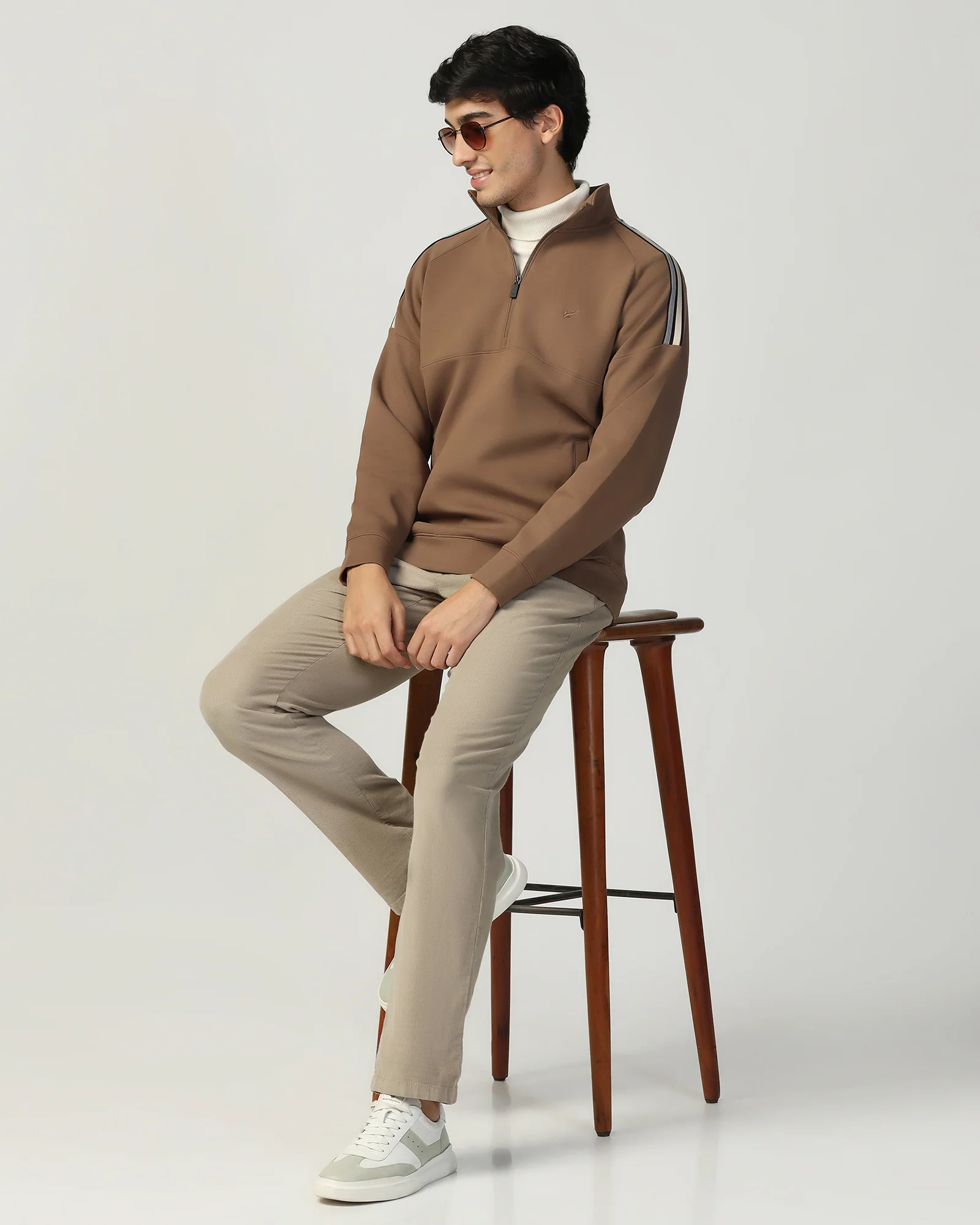 Half Zipper Brown & Tan Solid Sweatshirt - Eno - Image 4