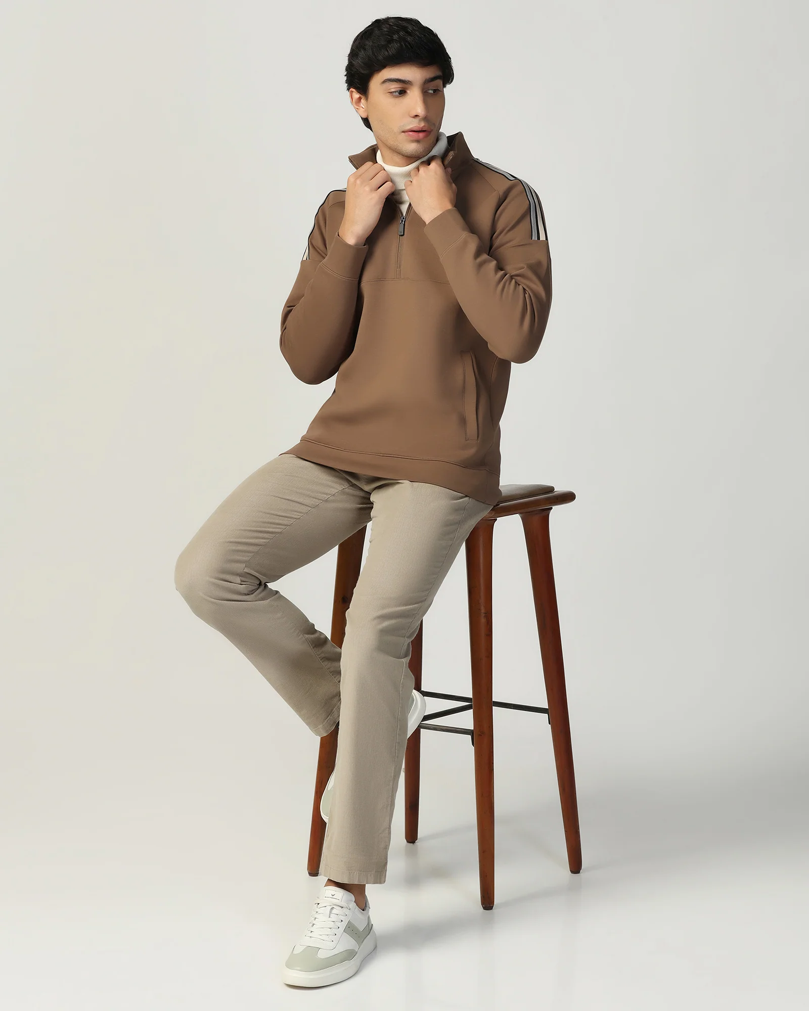 Half Zipper Brown & Tan Solid Sweatshirt - Eno - Image 5