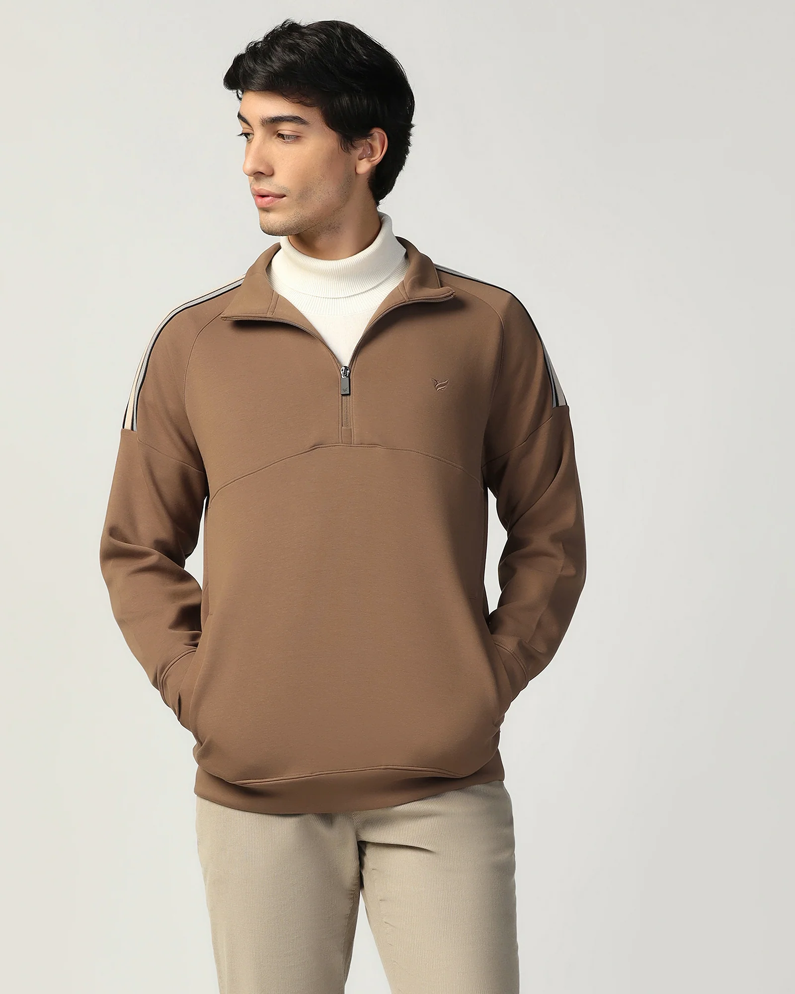 Half Zipper Brown & Tan Solid Sweatshirt - Eno - Image 6