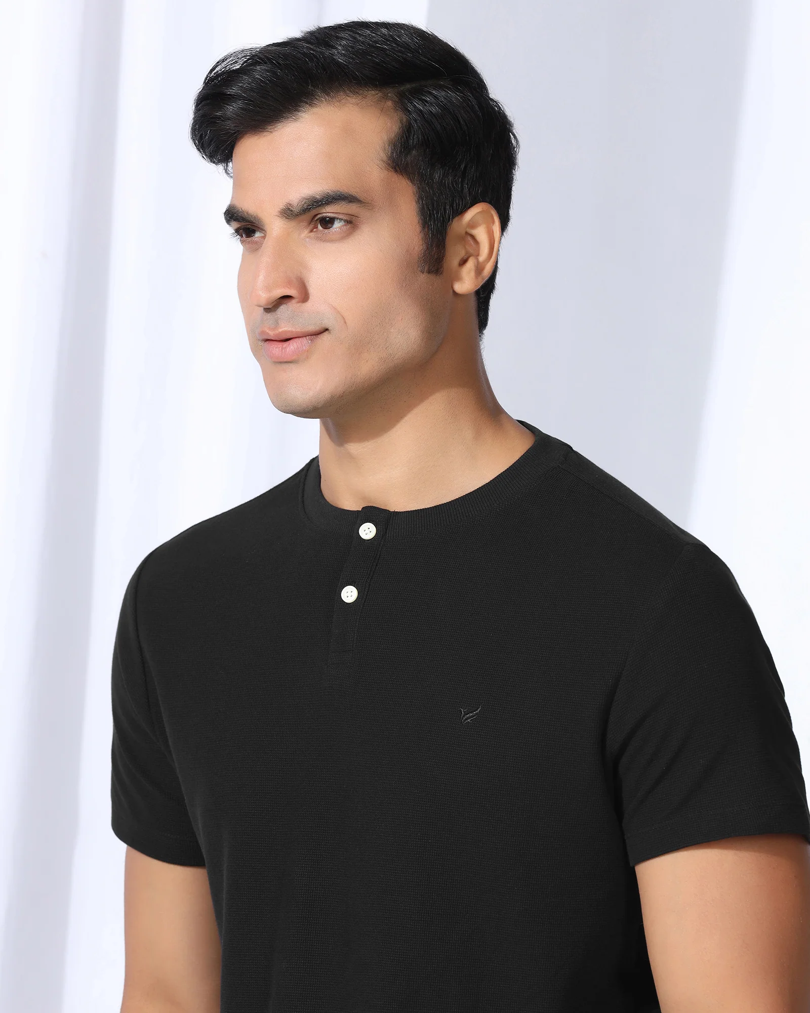 Henley Collar Black Textured T-Shirt - Clark - Image 4