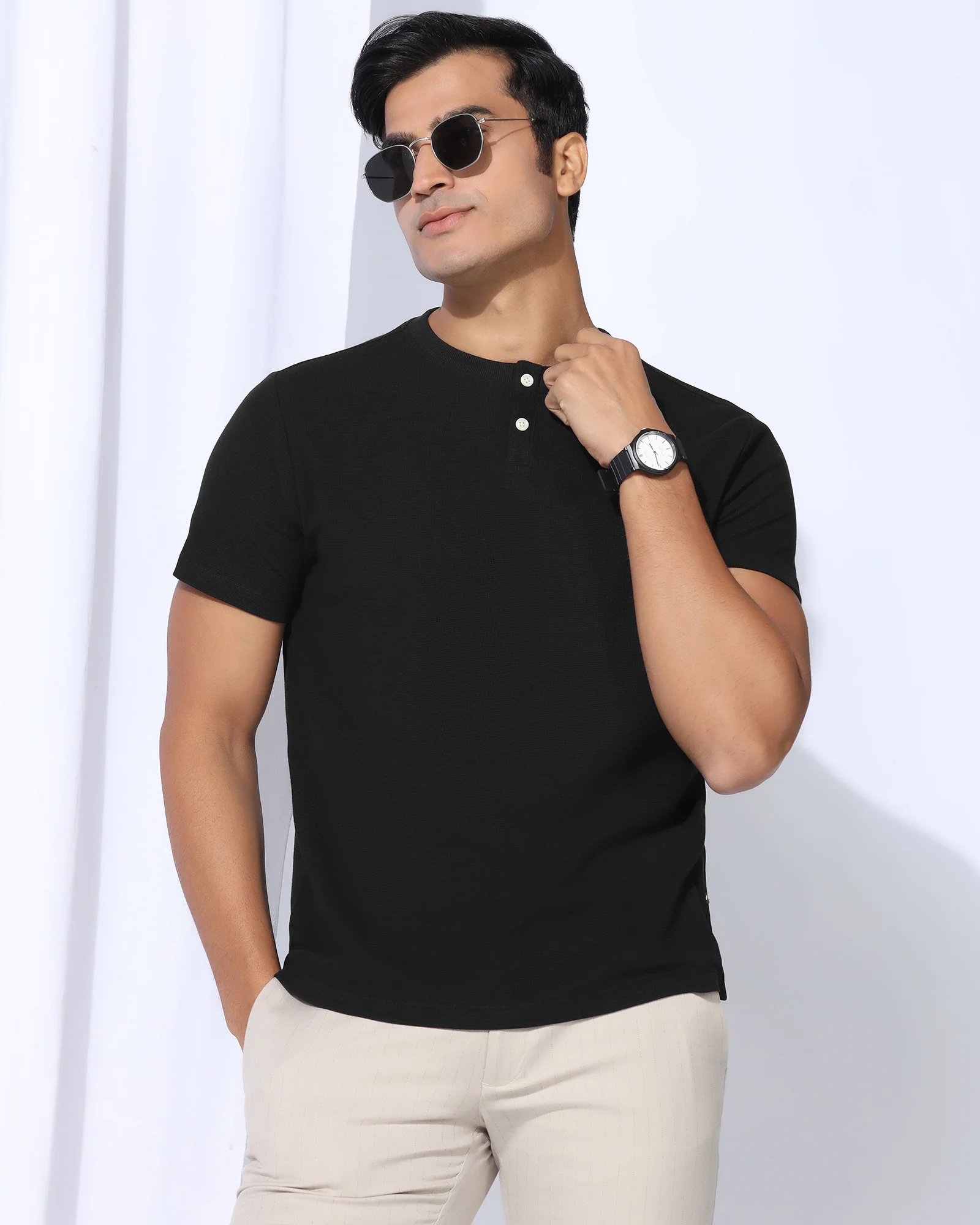 Henley Collar Black Textured T-Shirt - Clark - Image 7