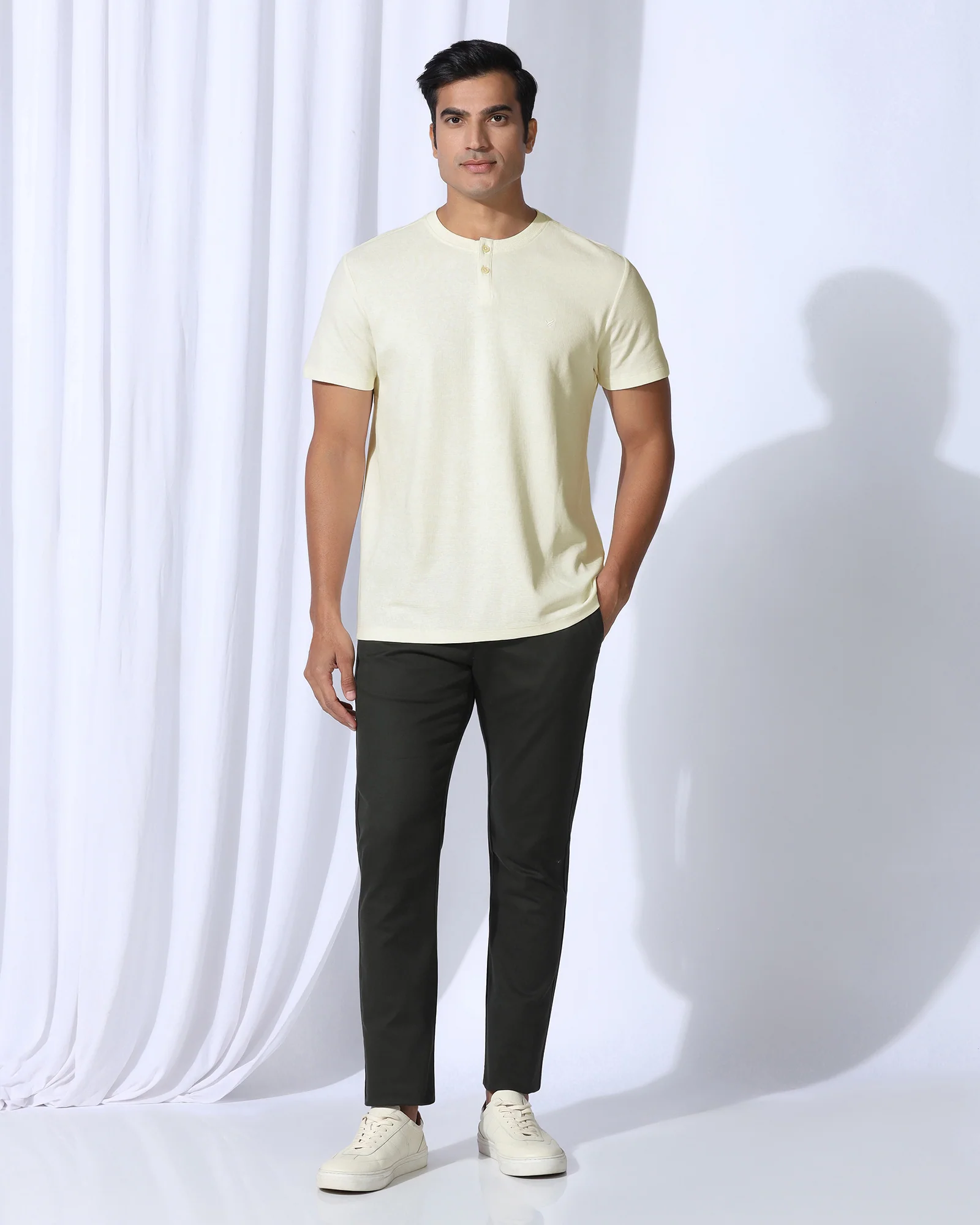 Henley Collar Powder Yellow Textured T-Shirt - Clark - Image 3