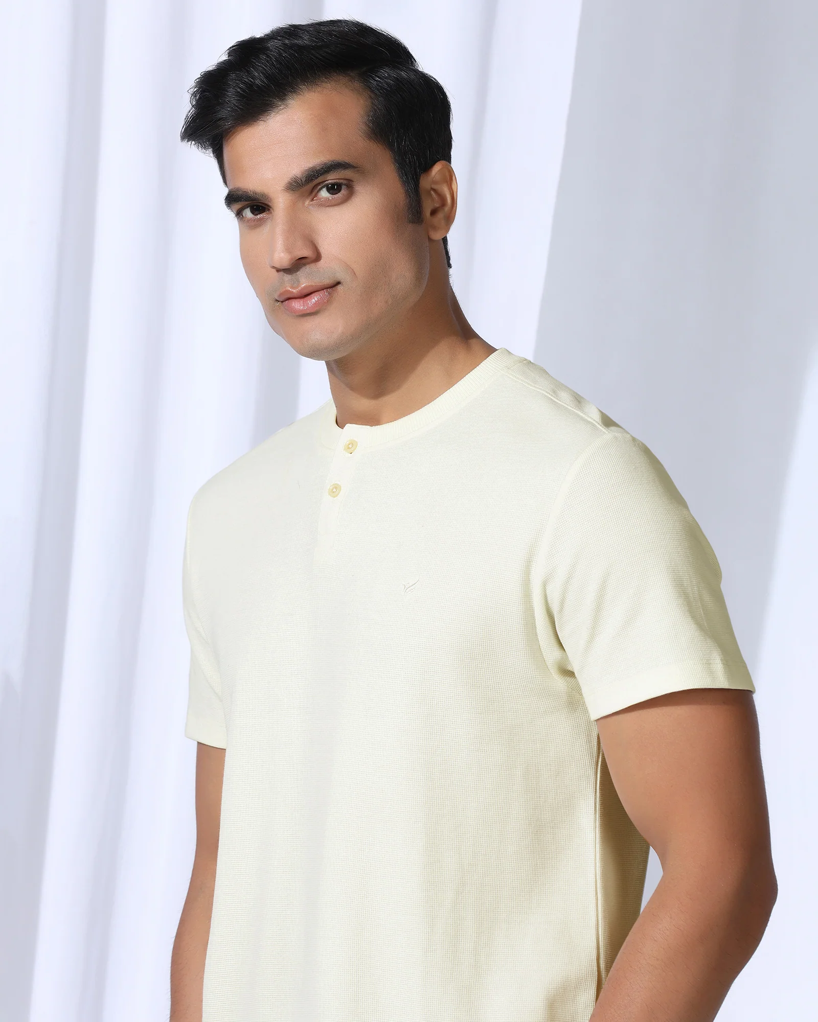 Henley Collar Powder Yellow Textured T-Shirt - Clark - Image 4