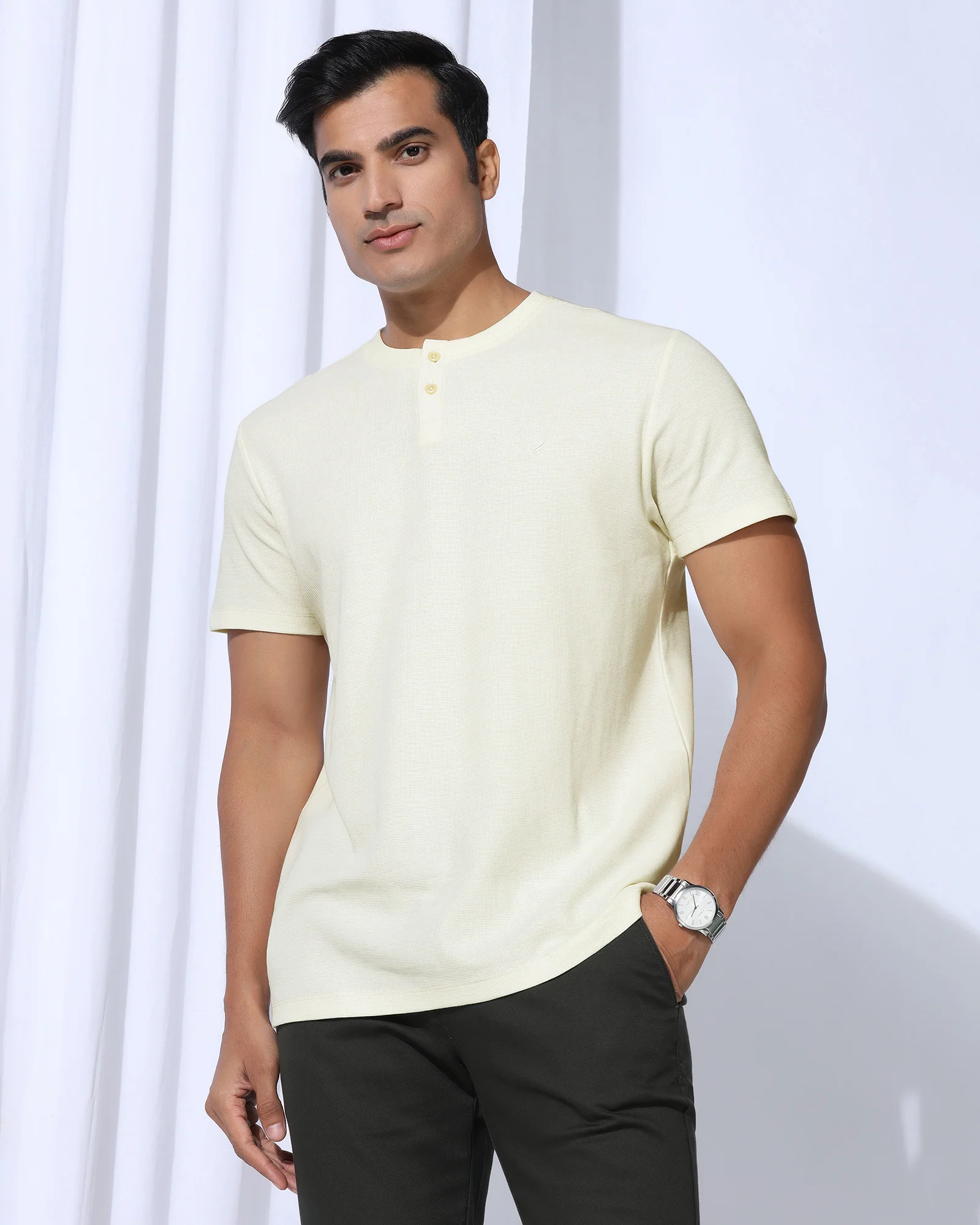 Henley Collar Powder Yellow Textured T-Shirt - Clark - Image 7