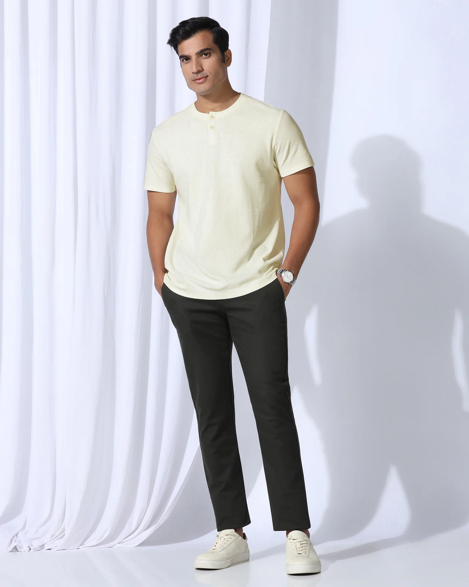 Henley Collar Powder Yellow Textured T-Shirt - Clark - Image 8