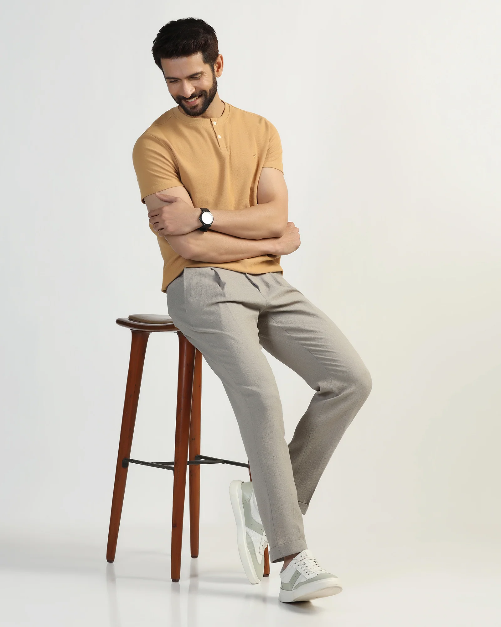 Henley Collar Tan Textured T-Shirt - Clark - Image 7