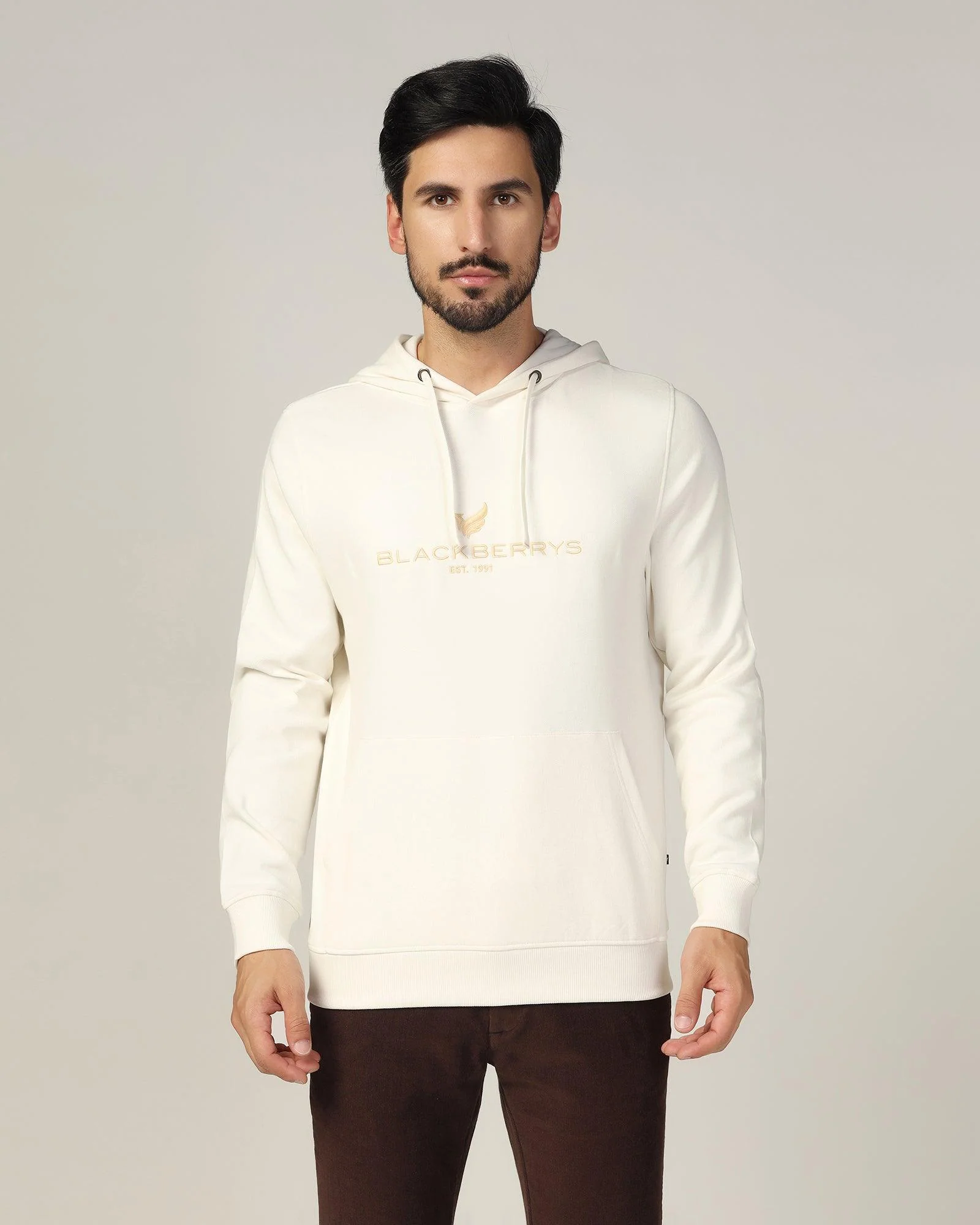 Hoodie Off White Solid Sweatshirt - Feb
