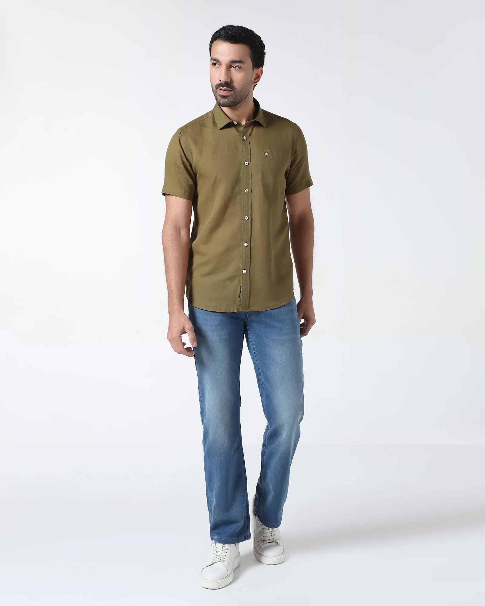 Khaki Half Sleeve Linen Solid Shirt - Cleo - Image 3