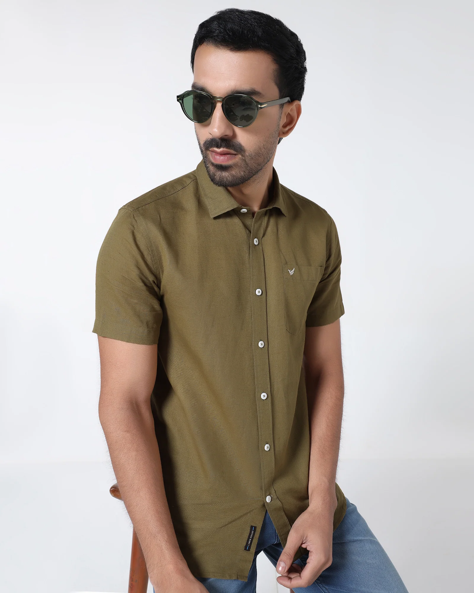 Khaki Half Sleeve Linen Solid Shirt - Cleo - Image 8