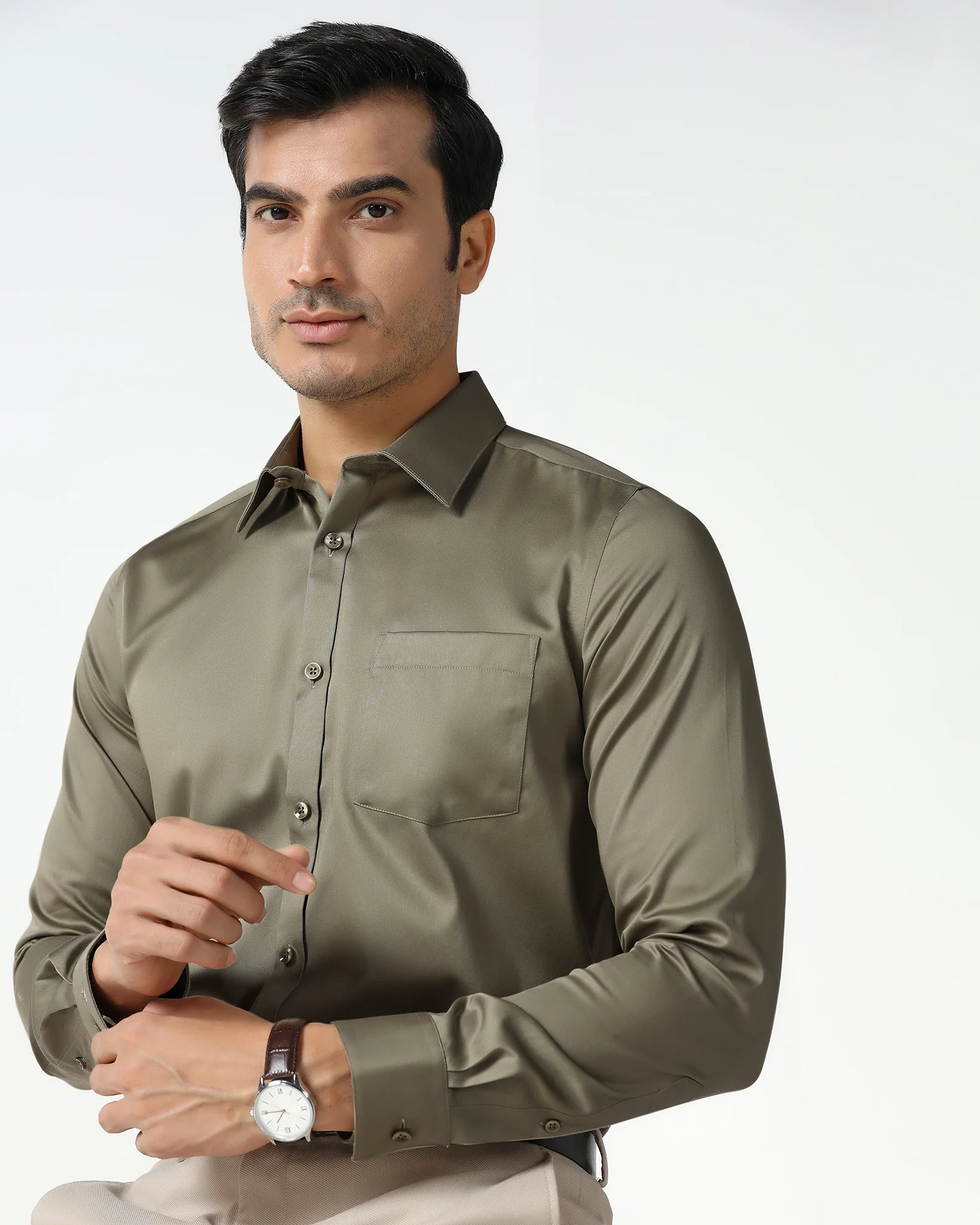 Khaki Unwrinkle Solid Shirt - Liviya