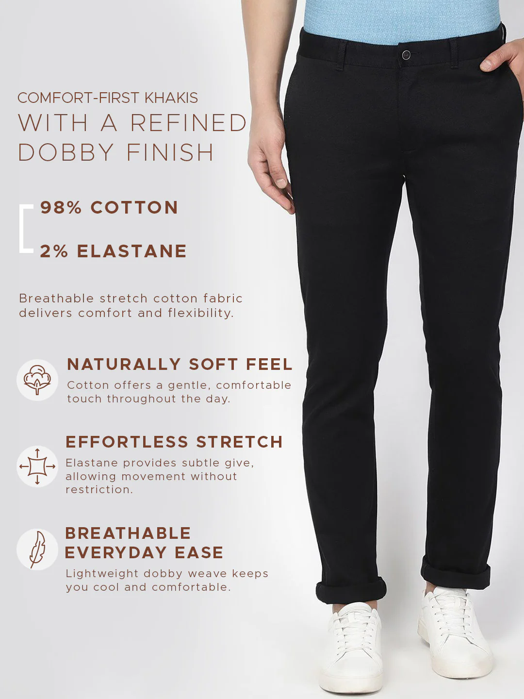 Must Haves Slim Comfort B-95 Casual Black Solid Khakis - Kimon - Image 13