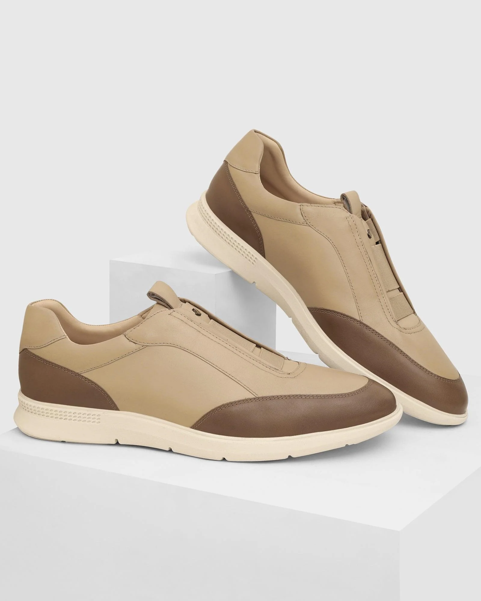 Leather Beige Solid Sneakers - Tummi - Image 2
