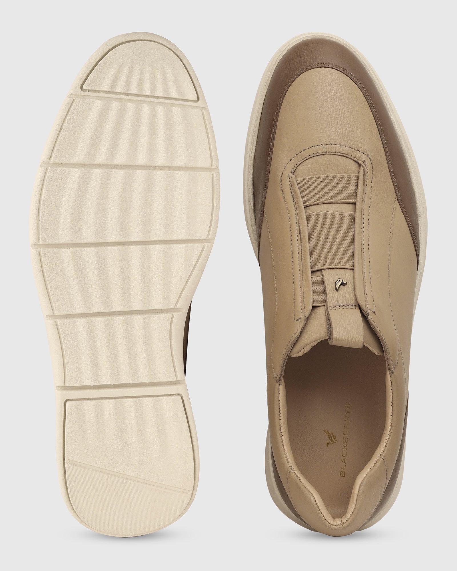 Leather Beige Solid Sneakers - Tummi - Image 3