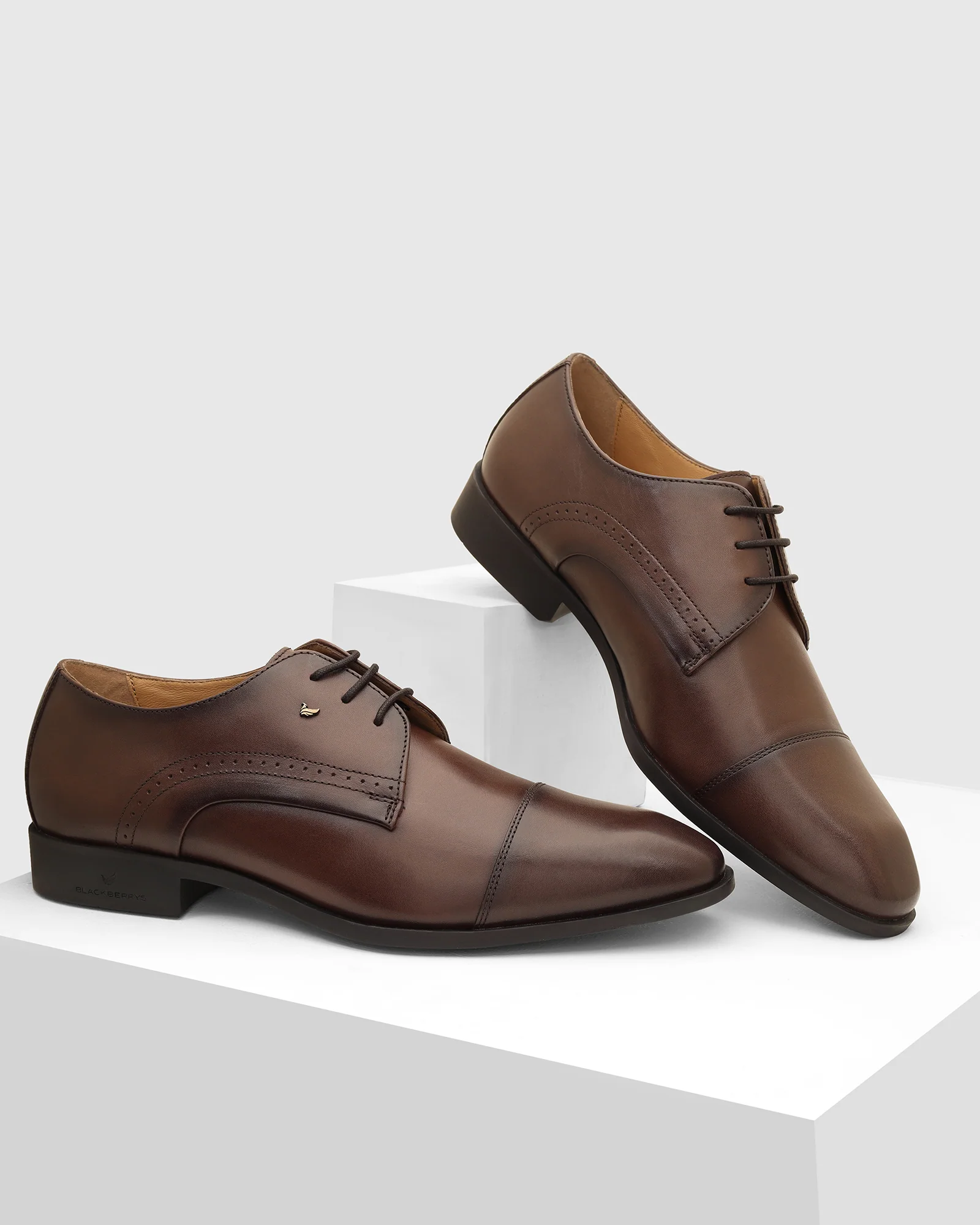 Leather Brown Solid Derby Shoes - Vakul - Image 2