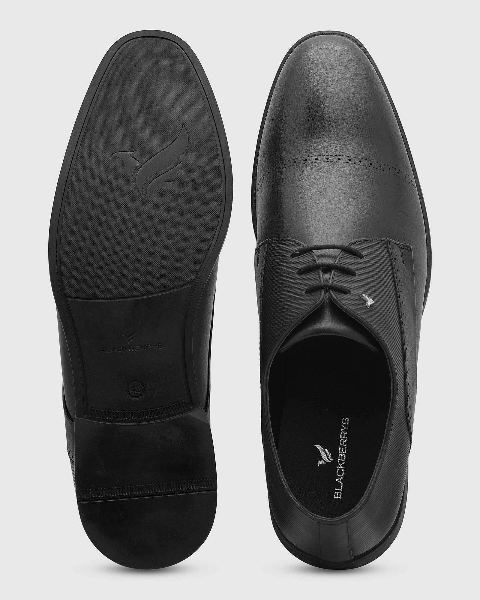 Leather Black Solid Derby Shoes - Royal - Image 3