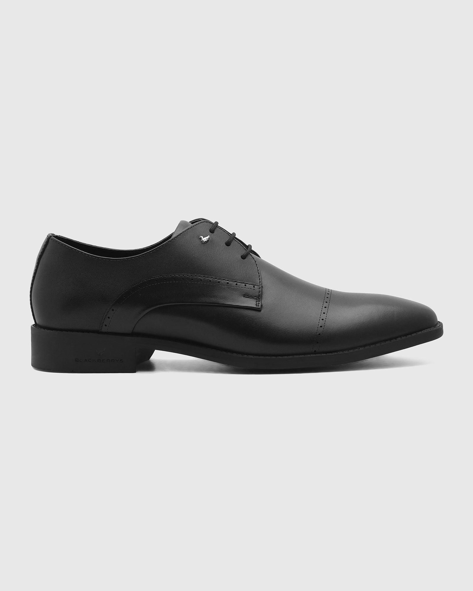 Leather Black Solid Derby Shoes - Royal - Image 5