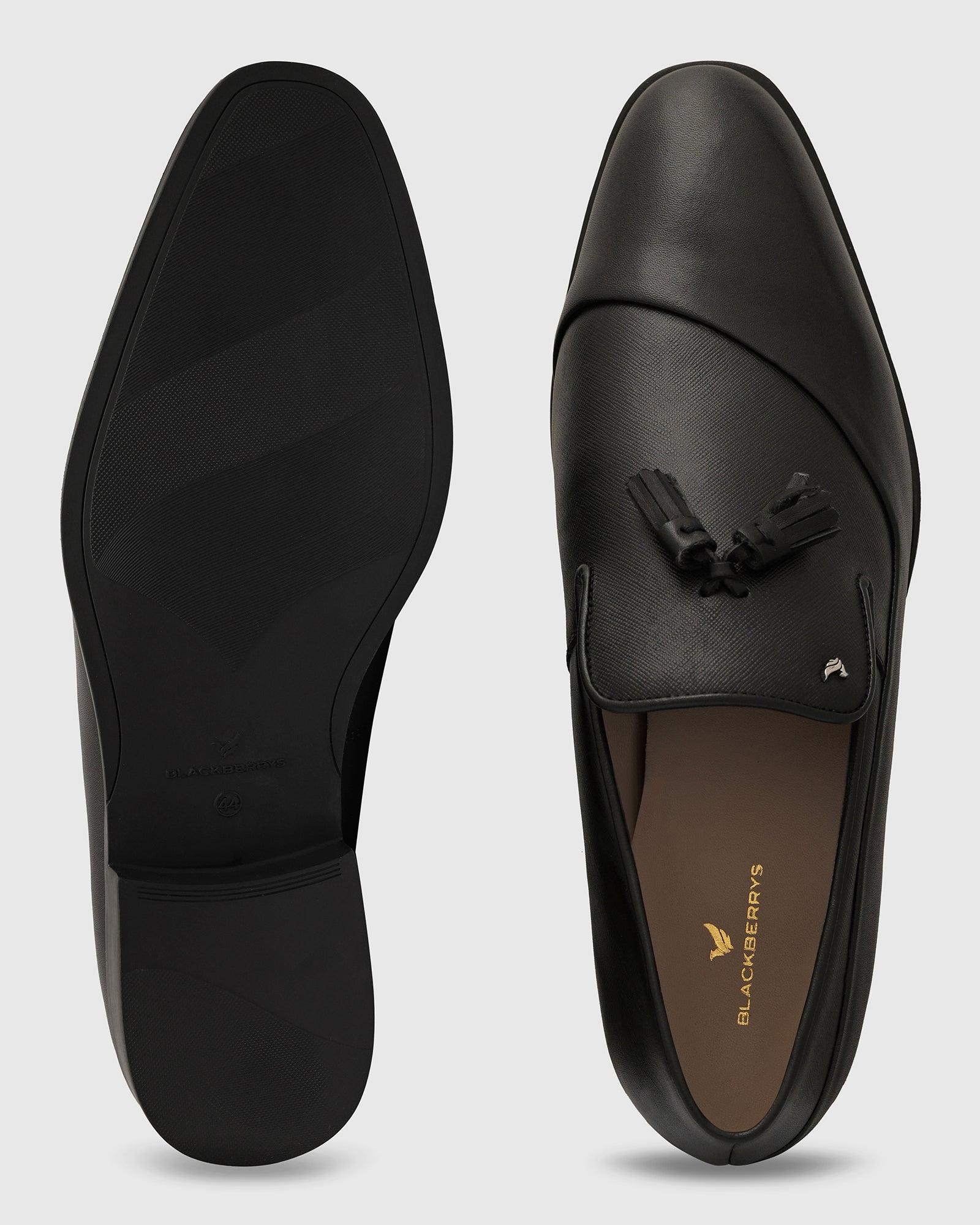 Leather Jet Black Solid Slip On Shoes - Theon - Image 2