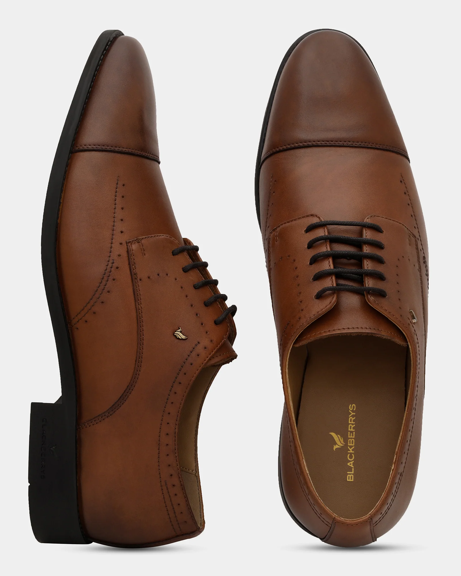 Leather Tan Solid Derby Shoes - Ally - Image 2