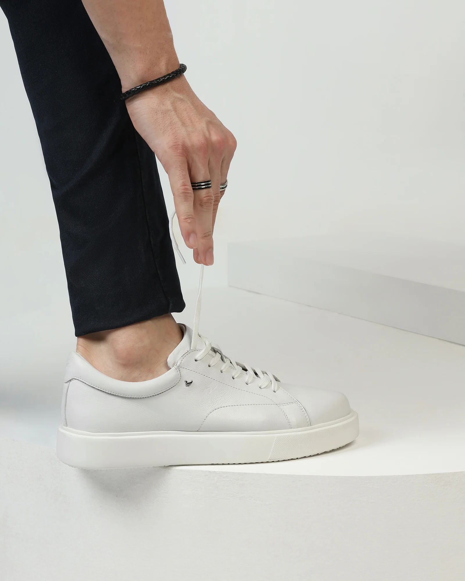 Leather White Solid Sneakers - Vosil - Image 9