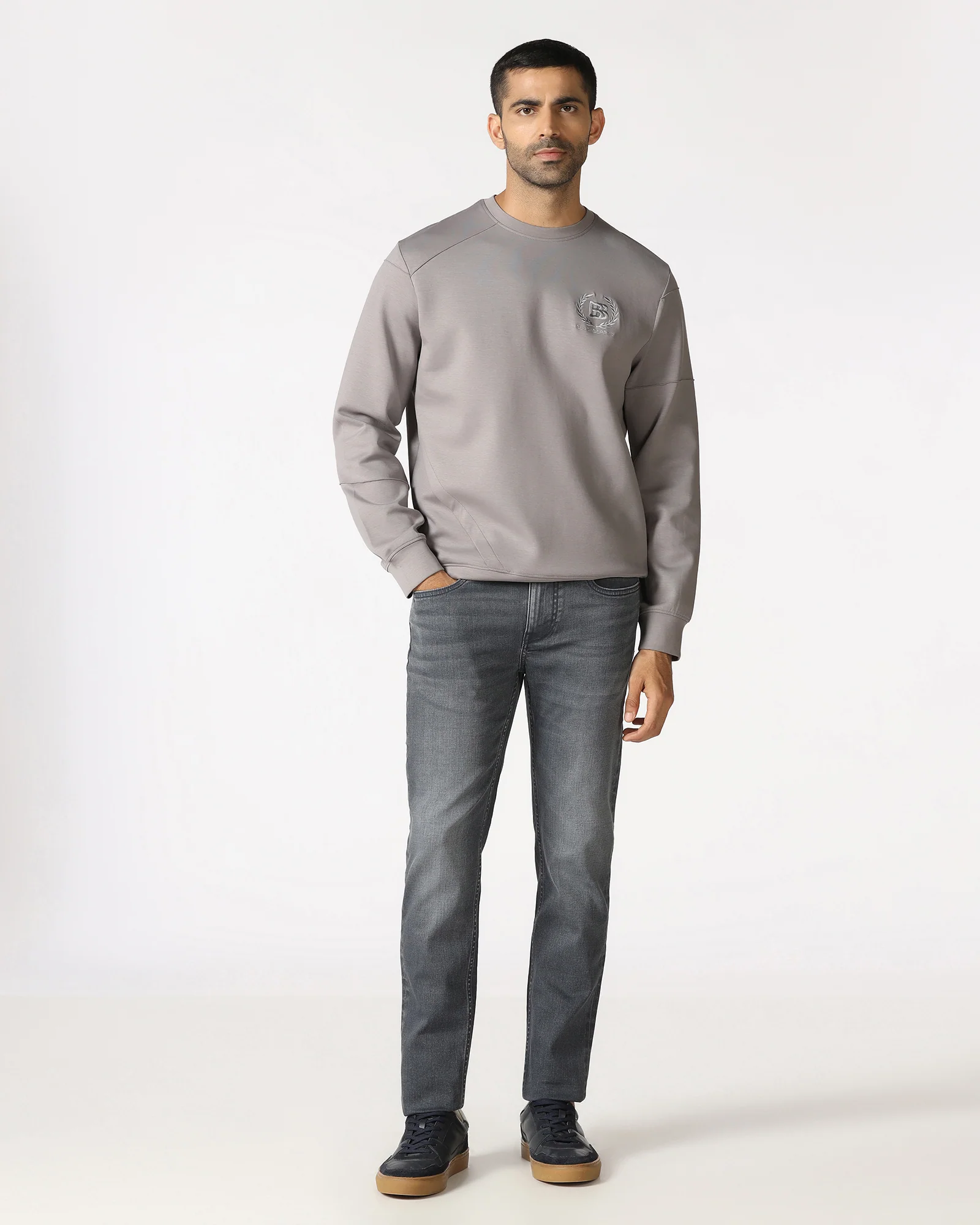 Light Grey Crew Neck Solid Sweatshirt - Dapper - Image 3